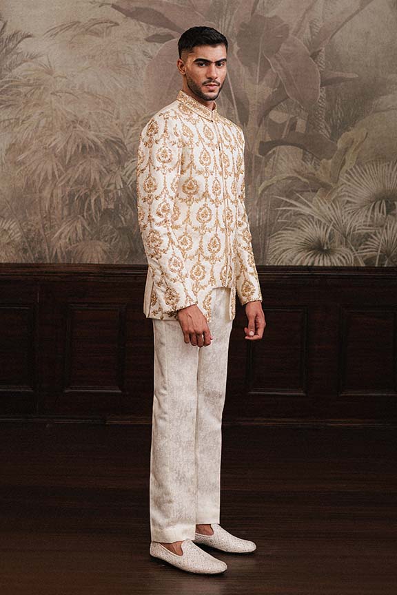Off White Cream Jacquard Embroidered Prince Coat