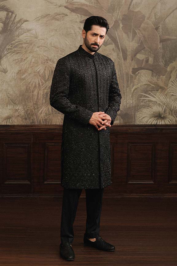 ER - 105 Black Jacquard Embroidered Sherwani 1