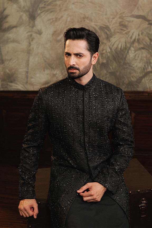 ER - 105 Black Jacquard Embroidered Sherwani 1