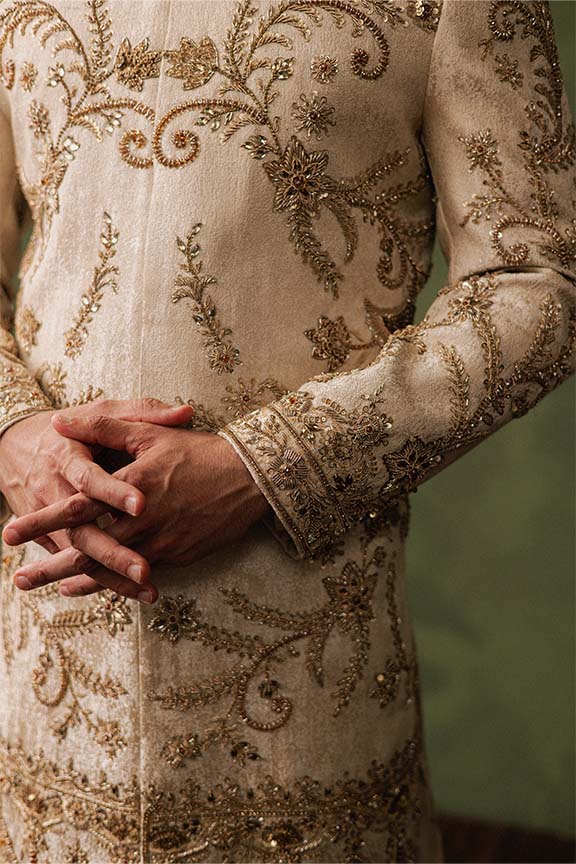 ER - 106 Champagne Gold Jacquard Sherwani 2