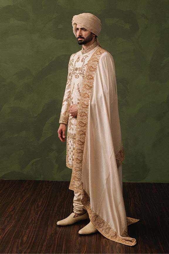 ER - 106 Champagne Gold Jacquard Sherwani 2