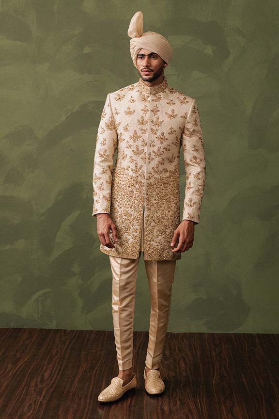 ER -107 Champagne Gold Jacquard Embroidered Sherwani