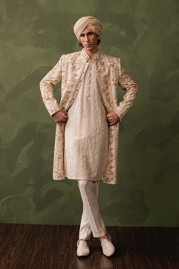 ER - 108 Ivory Off White Embroidered Sherwani