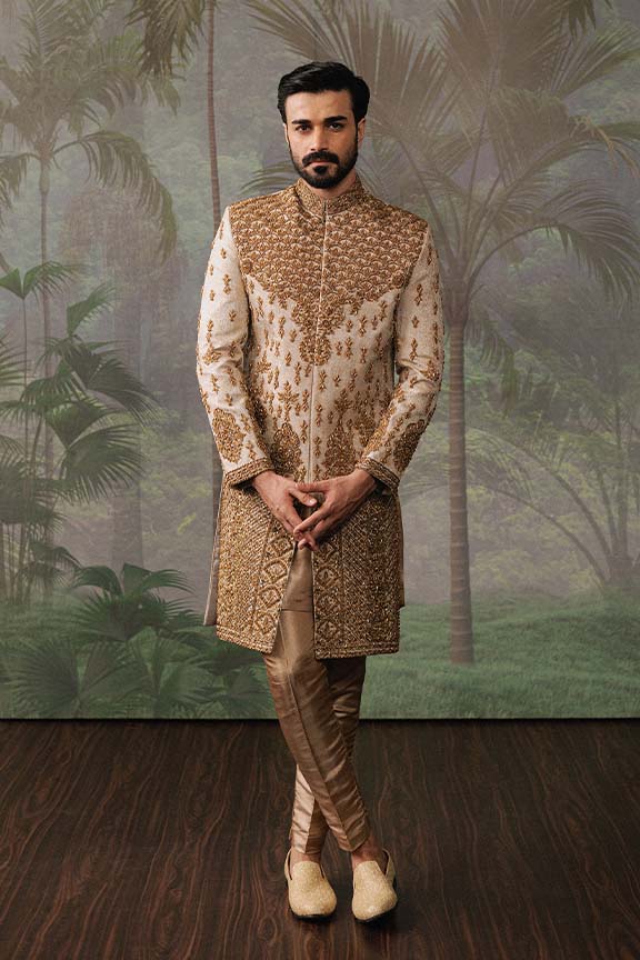 ER - 110 Copper Gold Jacquard Embroidered Sherwani