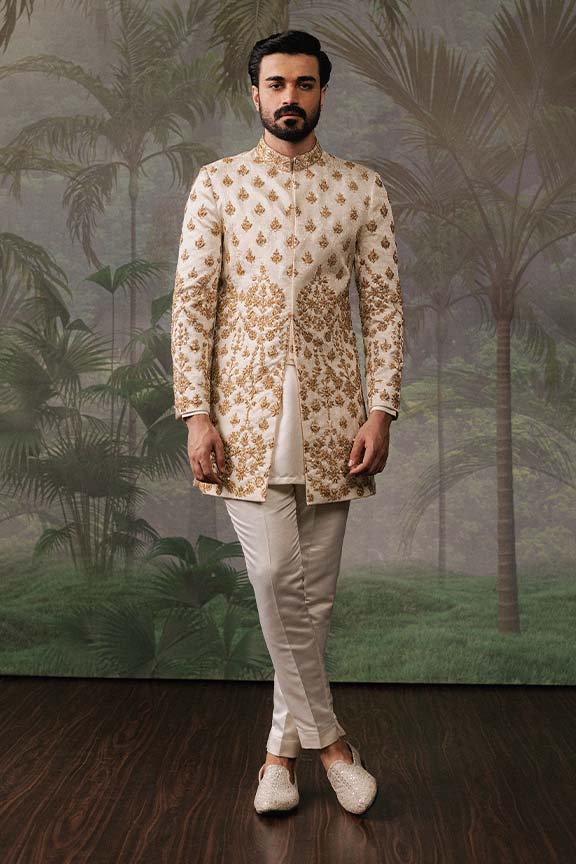ER - 112 Off White Jacquard Embroidered Short Sherwani