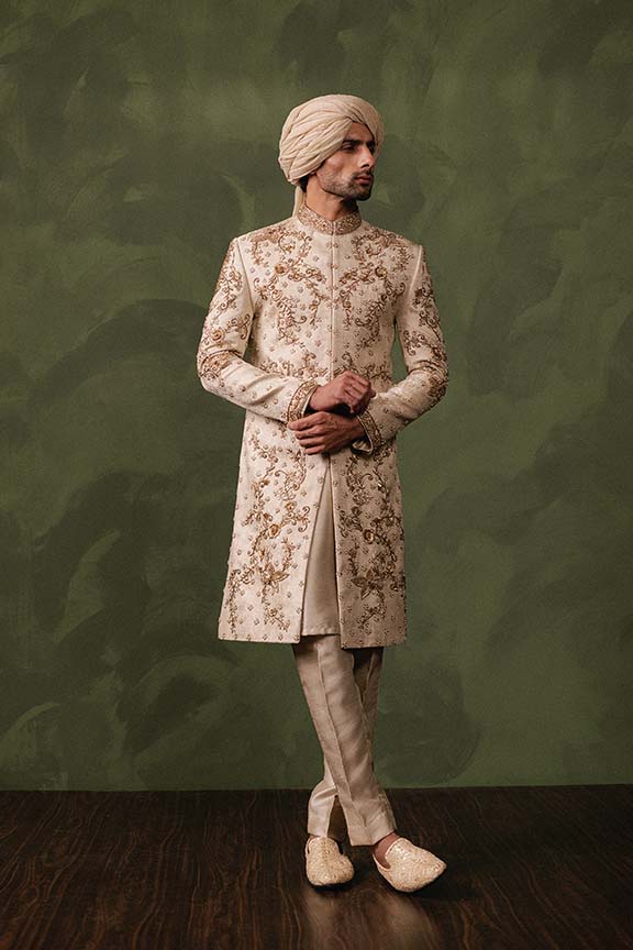 ER - 113 Champagne Gold Jacquard Sherwani 3