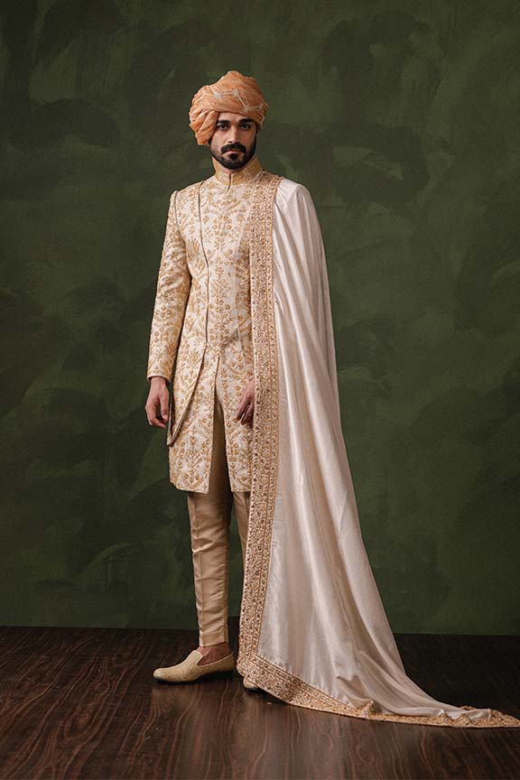 ER - 114 Champagne Gold Jacquard Sherwani 4