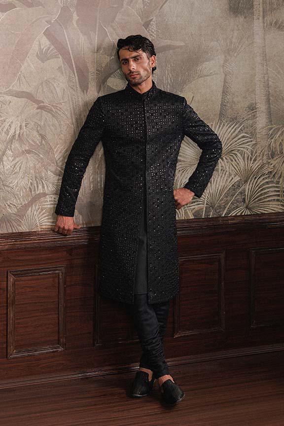 ER - 115 Black Jacquard Embroidered Sherwani 2