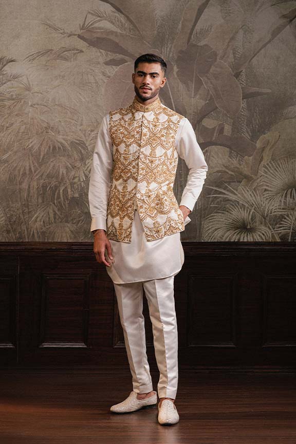 Off White Jacquard Embroidered Waistcoat