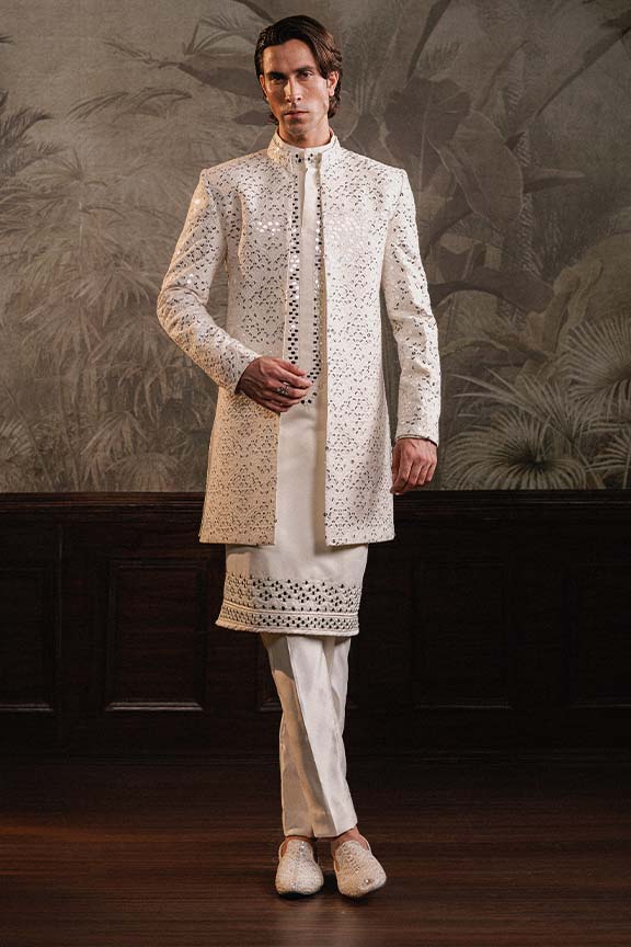 ER  -118 Milky White Mirror Embroidered Front Open Sherwani