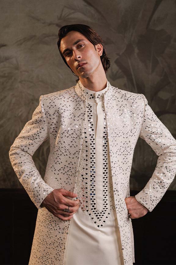 ER  -118 Milky White Mirror Embroidered Front Open Sherwani