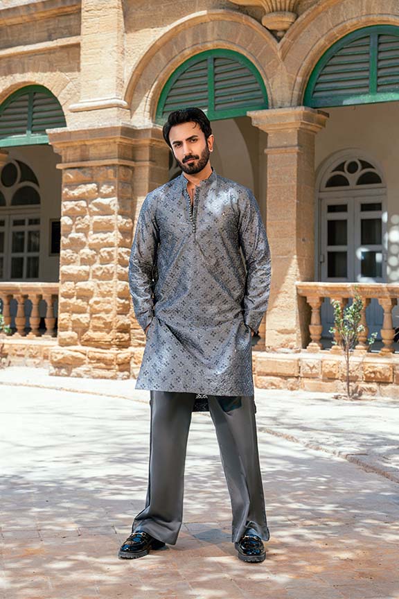 Slate Grey Embroidered Kurta Pajama with Floral Patterns