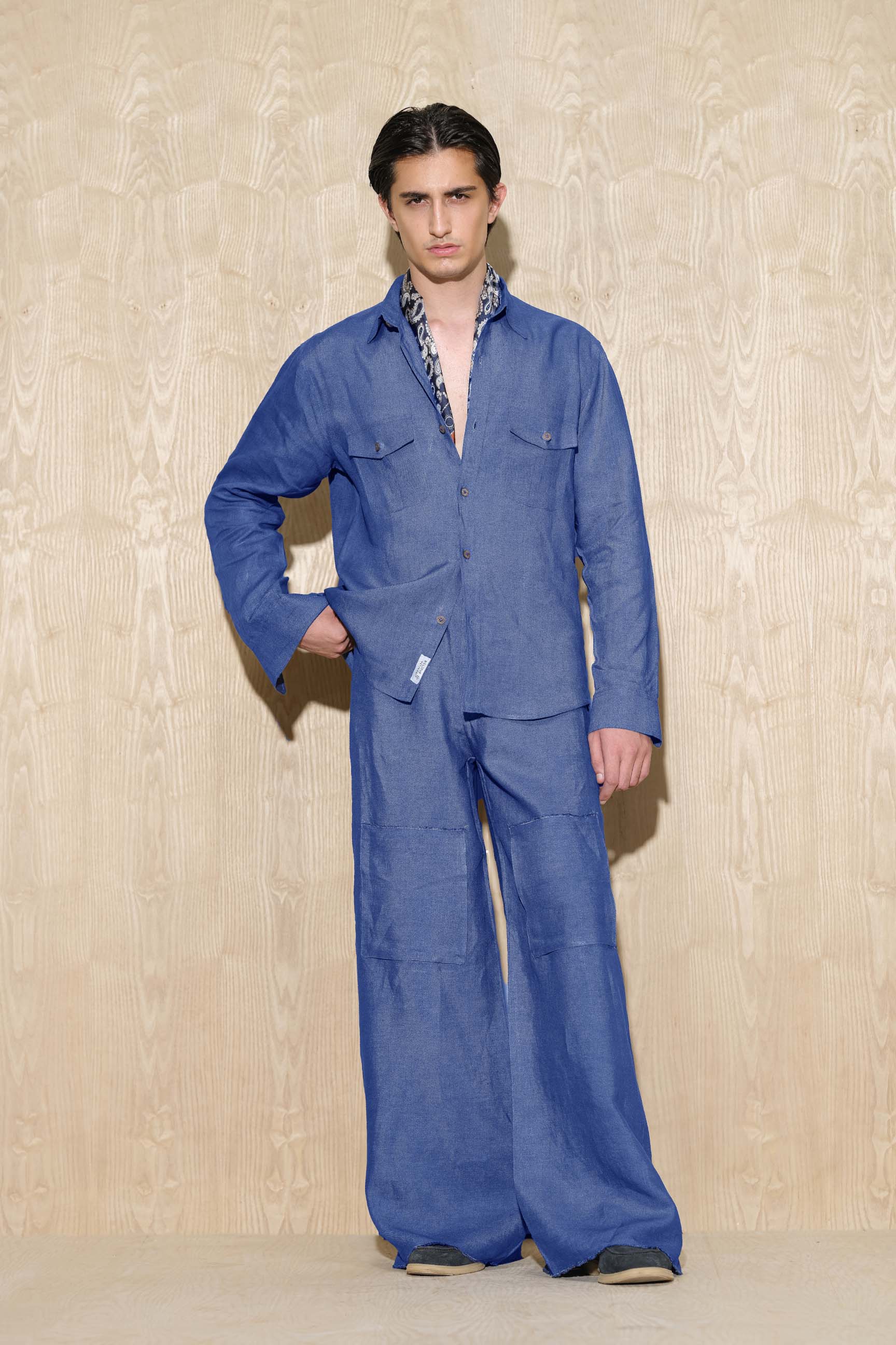 Indigo Blue “Old Money” Cuban Collar Shirt with Bell-Bottom Trousers