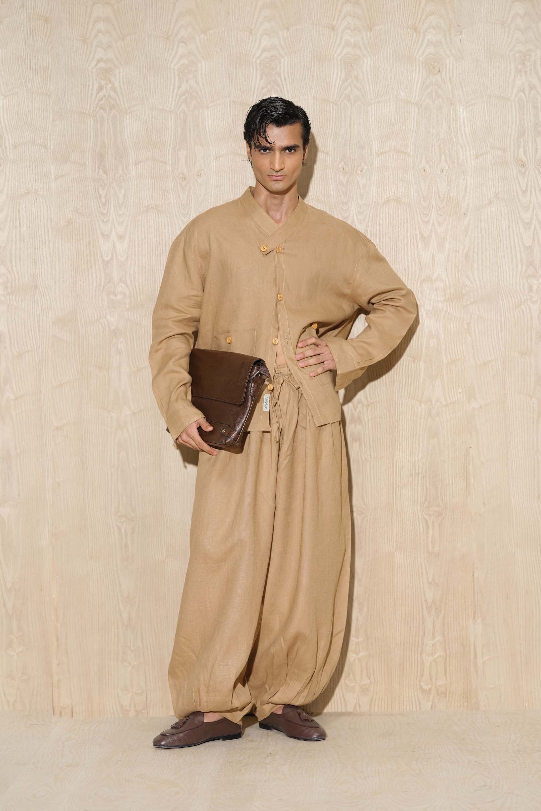 Super Oversized Boutique Beige Shirt with Pleated Balloon Trousers