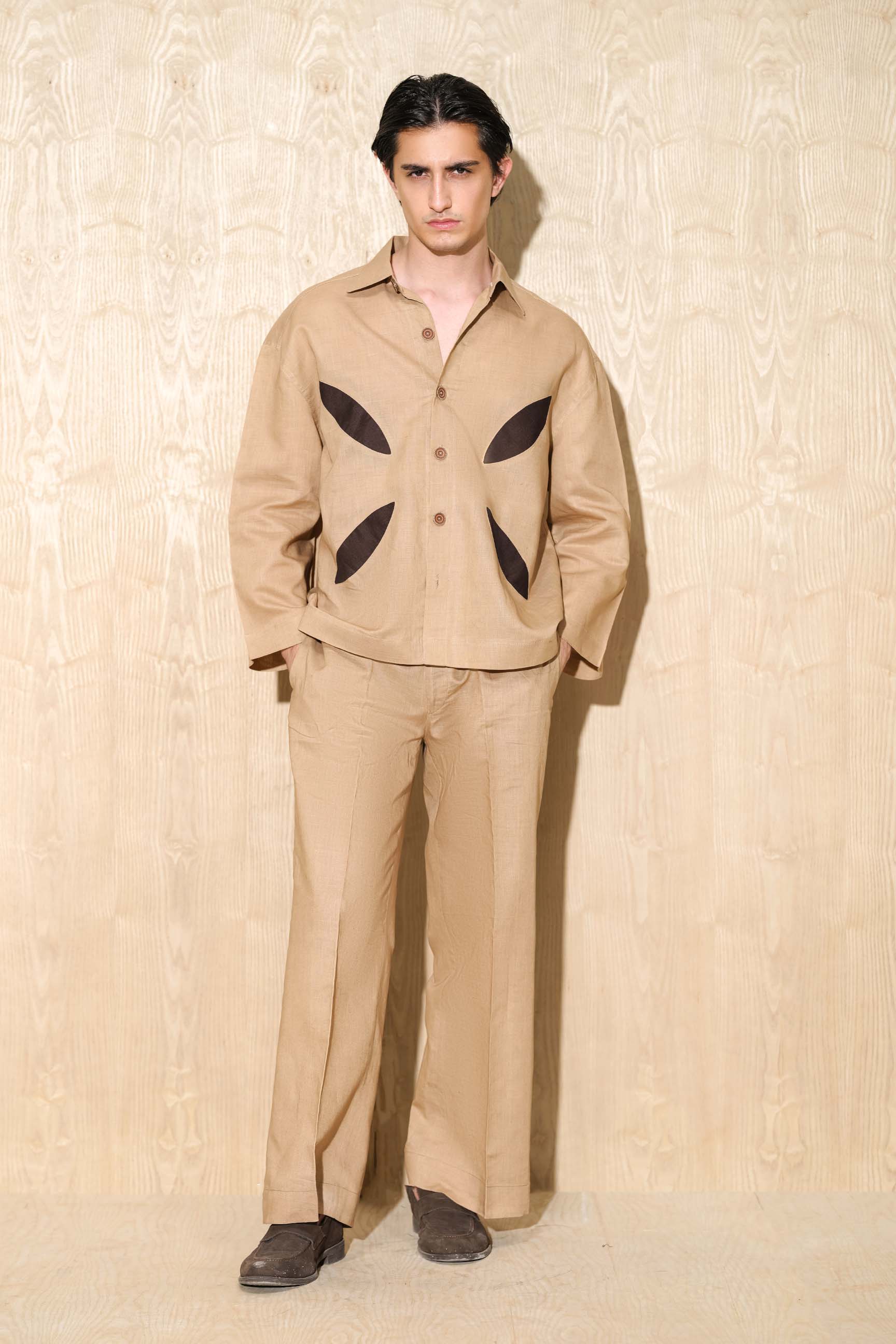 Dirt-Toned Oversized Shirt with Cutwork Design & High-Waist Wide-Leg Trousers