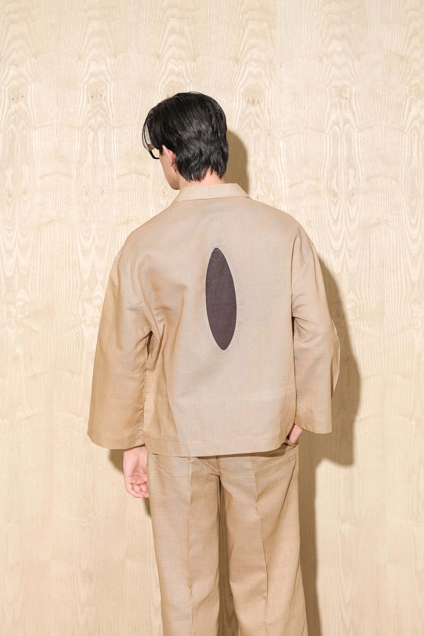 Dirt-Toned Oversized Shirt with Cutwork Design & High-Waist Wide-Leg Trousers