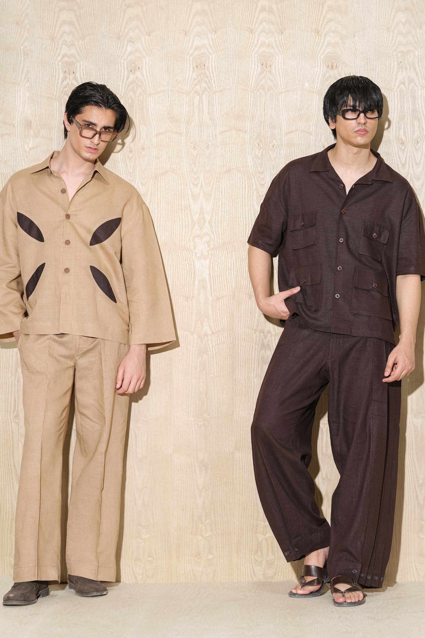 Dirt-Toned Oversized Shirt with Cutwork Design & High-Waist Wide-Leg Trousers