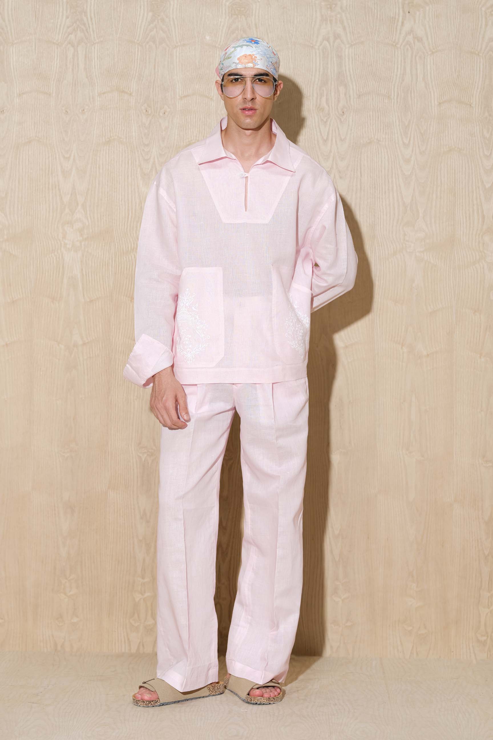 Powder Pink Oversized V-Neck Shirt with Baggy Wide-Leg Trousers