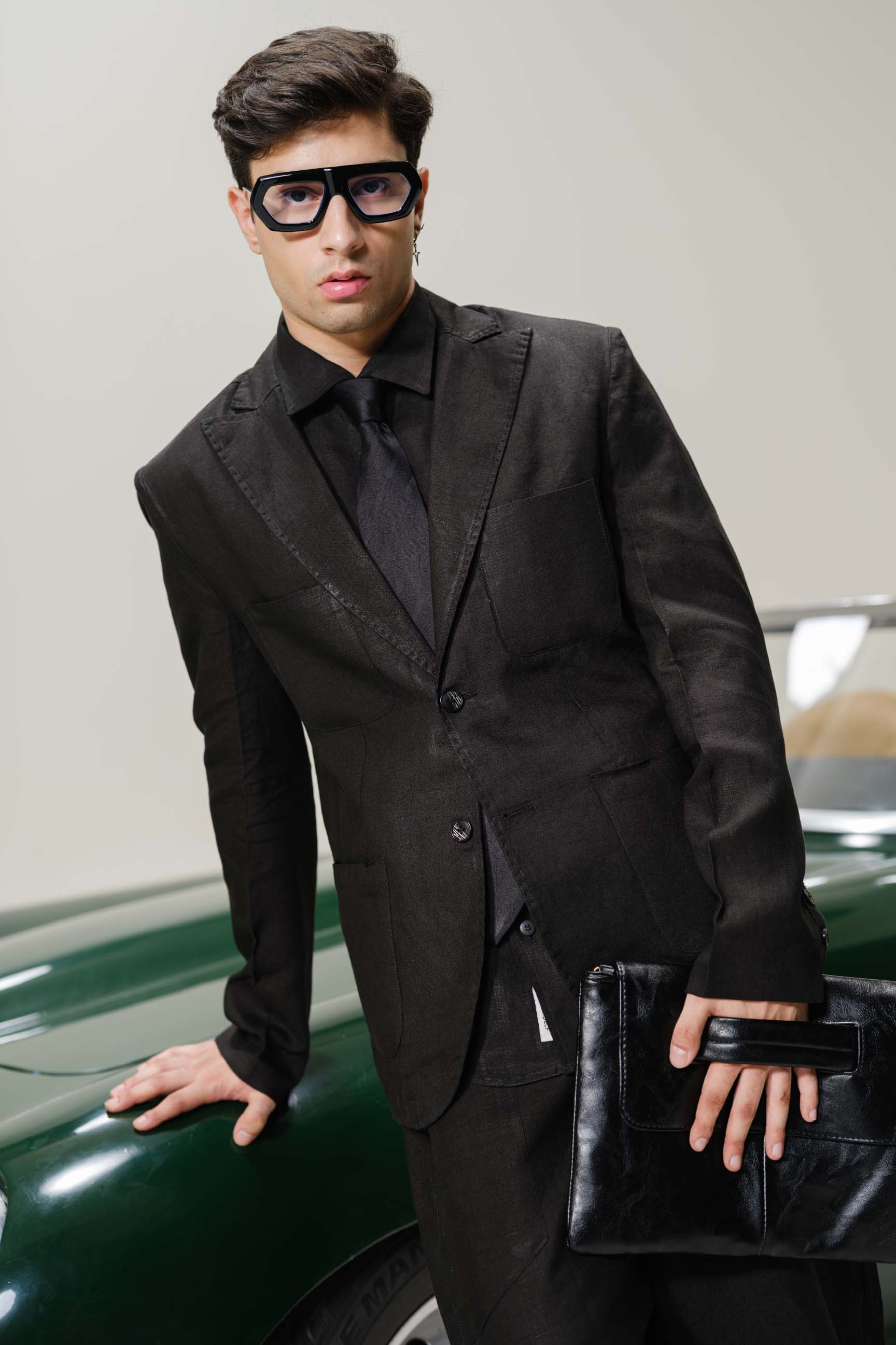 Dark Black “Old Money” Aesthetic Oversized Blazer Set (Blazer + Shirt + High-Waist Bell-Bottom Trousers)