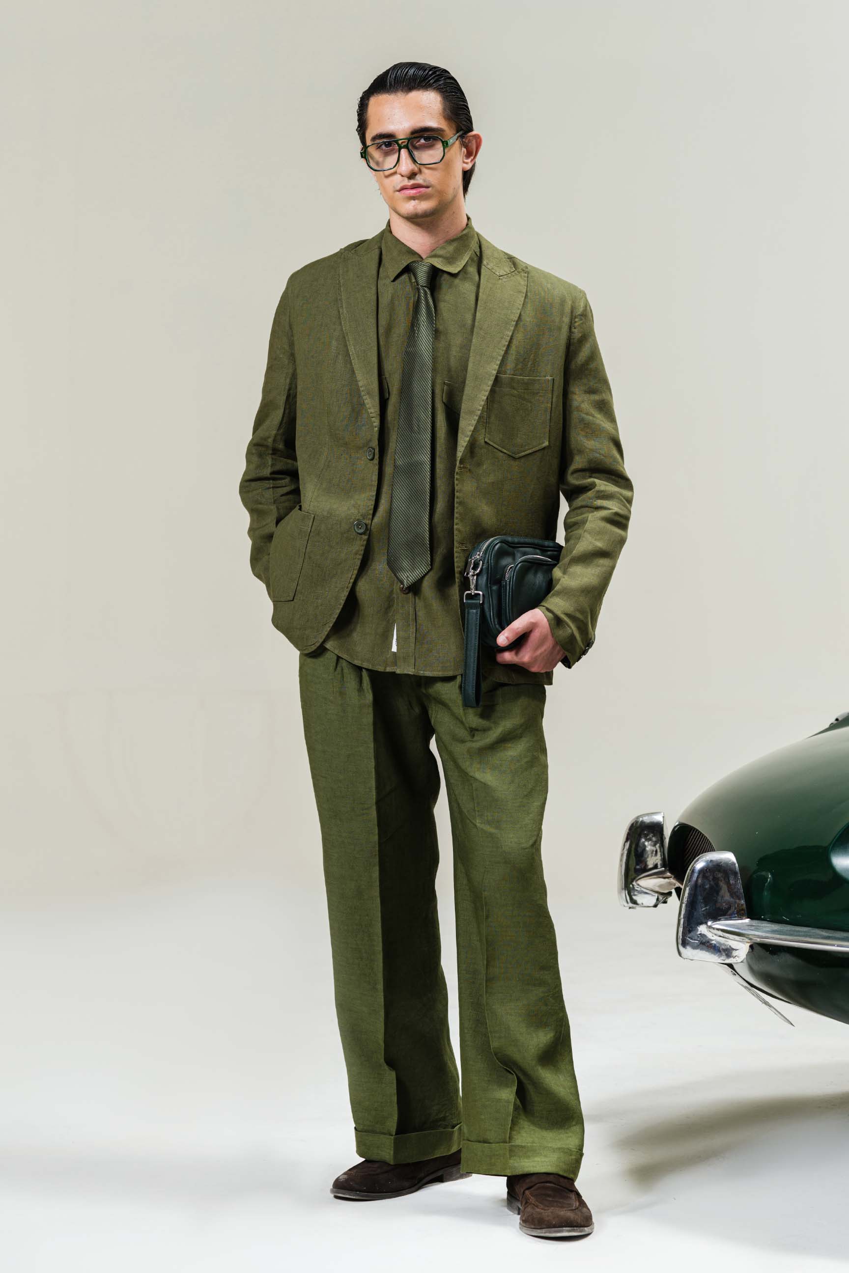 Dark Olive Green “Old Money” Aesthetic Oversized Blazer Set (Blazer + Shirt + High-Waist Bellbottom Trousers)