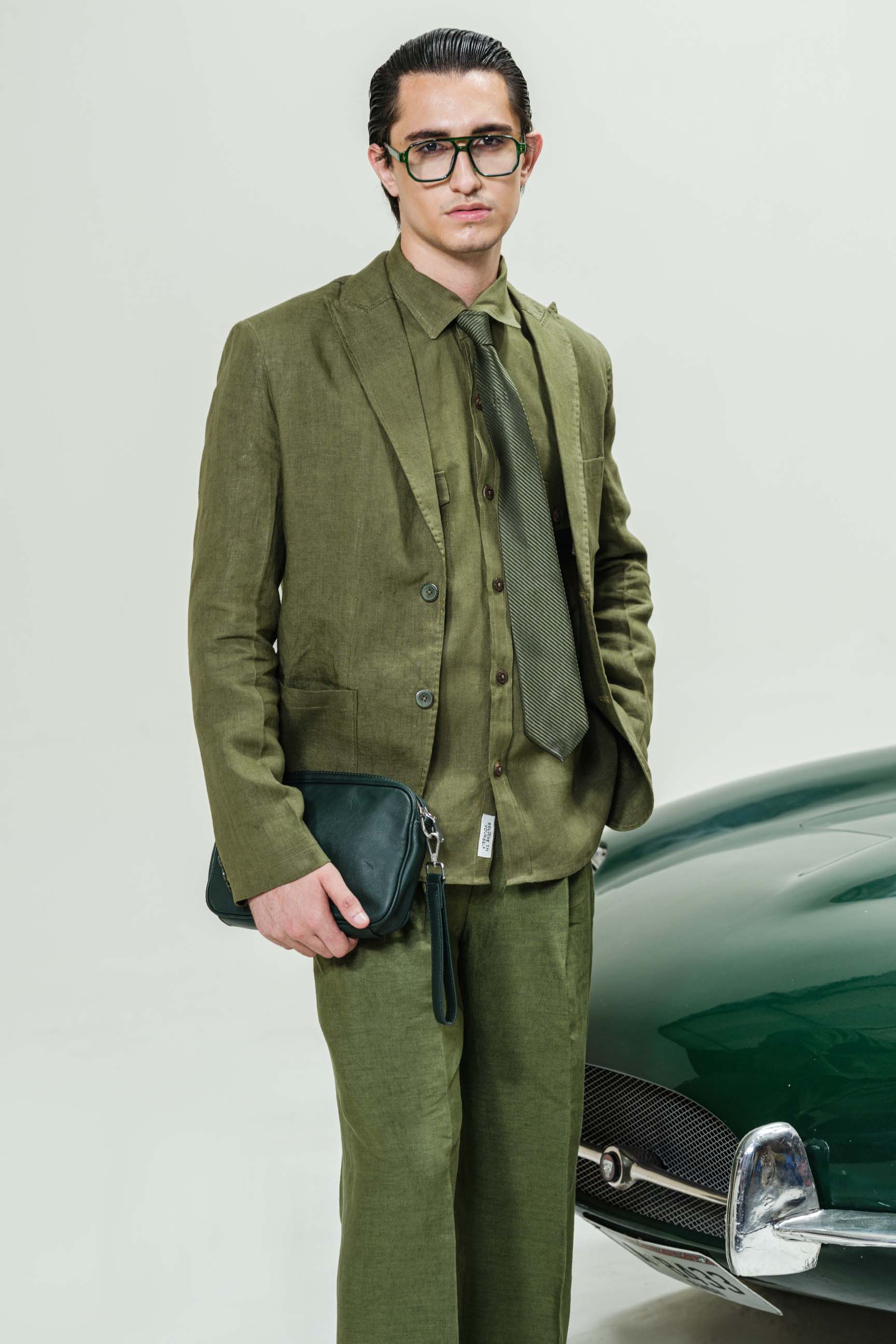 Dark Olive Green “Old Money” Aesthetic Oversized Blazer Set (Blazer + Shirt + High-Waist Bellbottom Trousers)