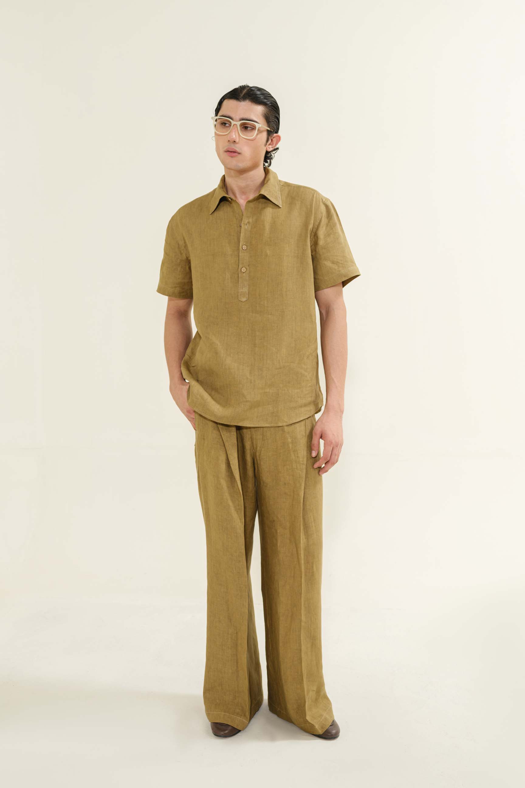 Tussock Walnut “Old Money” Cuban Collar Shirt with Bell-Bottom Trousers