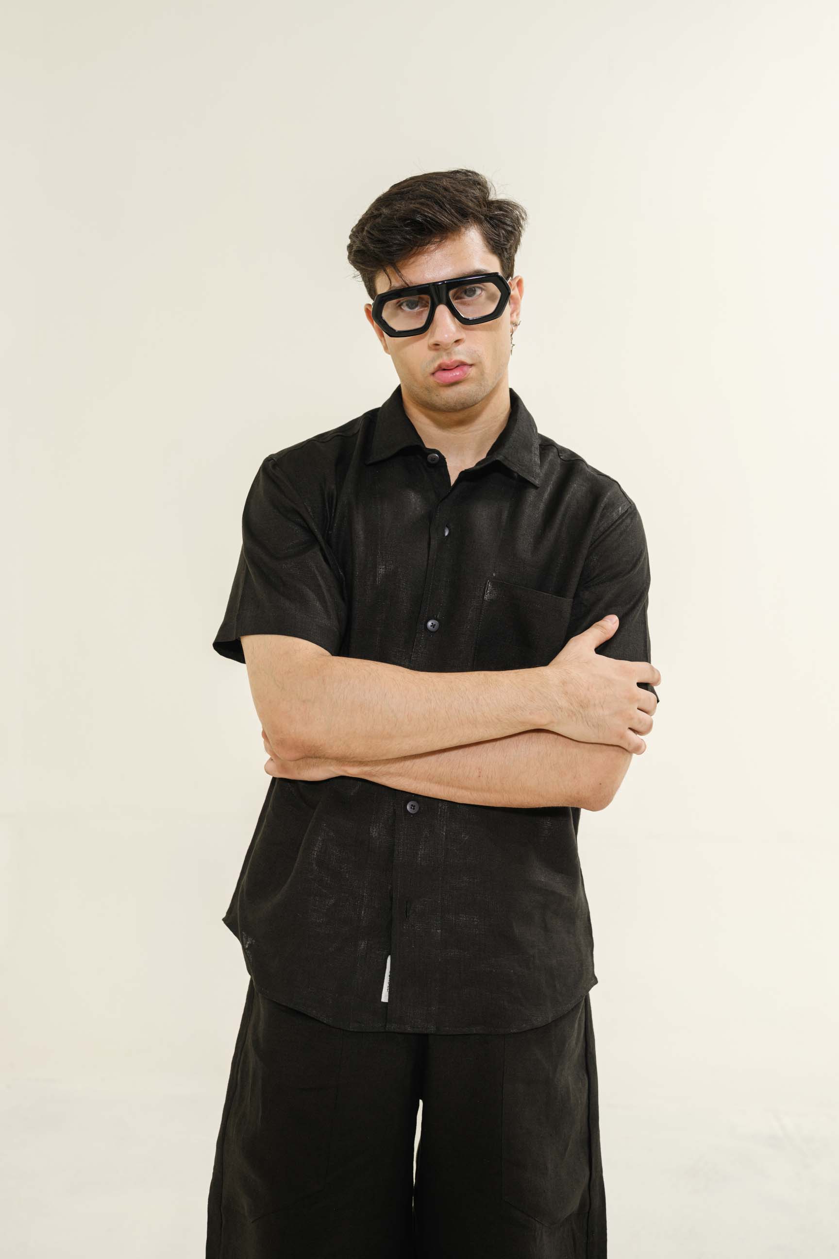 Dark Black “Old Money” Cuban Collar Shirt with Bell-Bottom Trousers