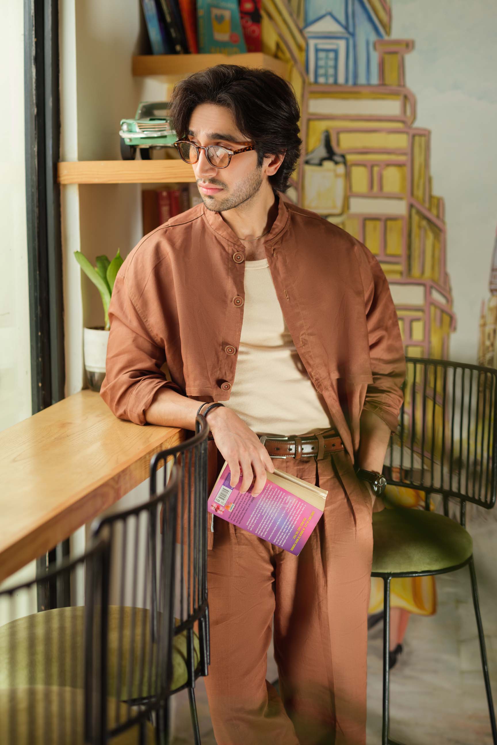 Coco Brown Oversized Shirt & White High-Waist Pant Set