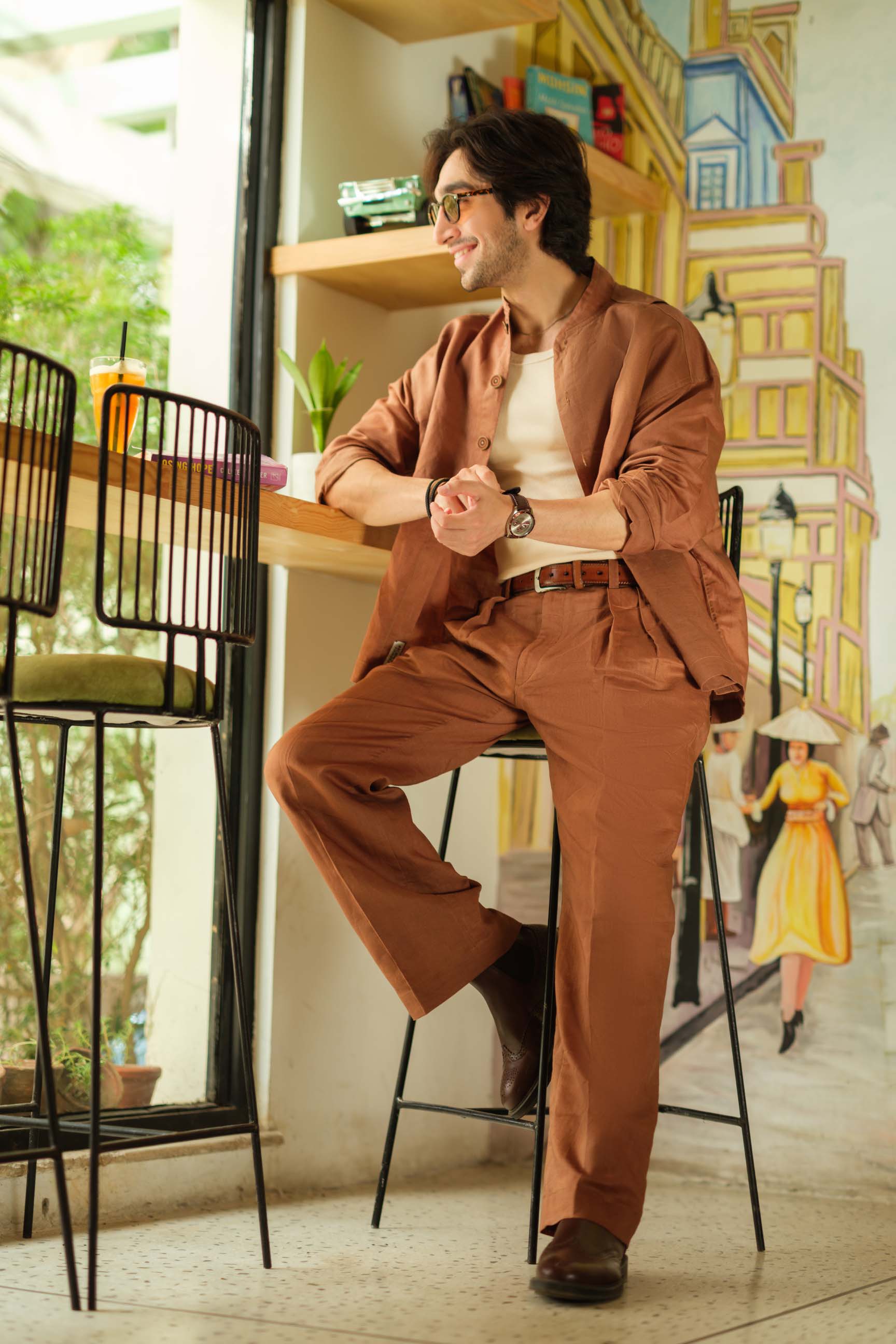 Coco Brown Oversized Shirt & White High-Waist Pant Set