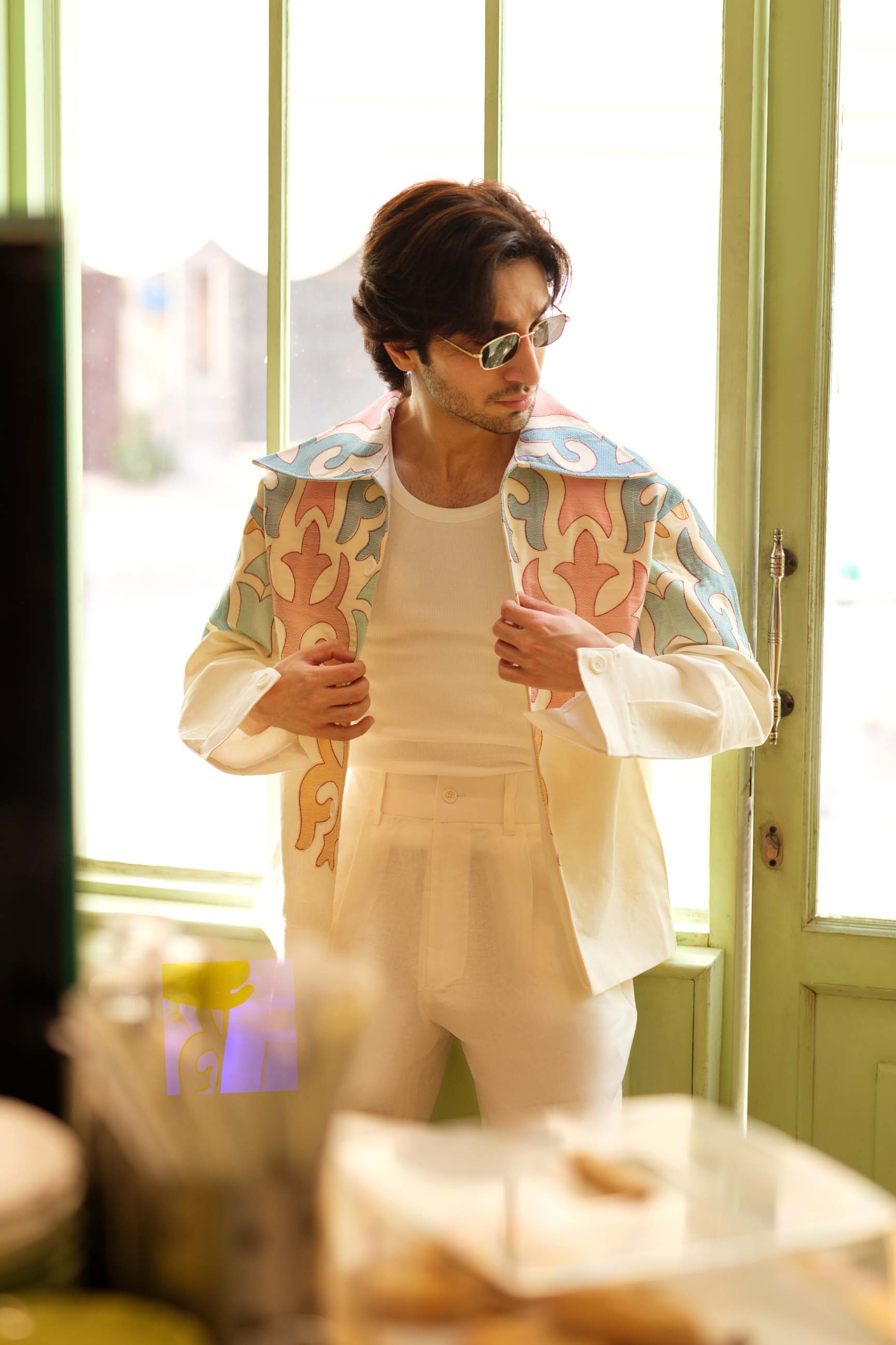 Off-White Embroidered Drop-Shoulder Jacket & High-Waist Pant Set