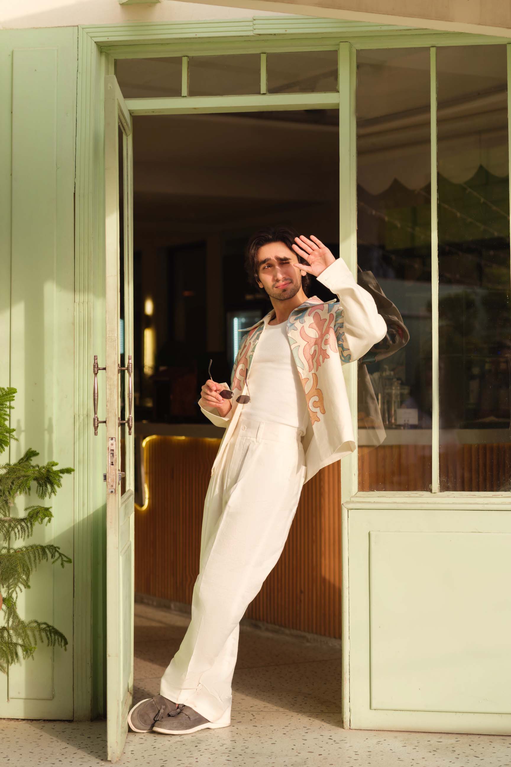 Off-White Embroidered Drop-Shoulder Jacket & High-Waist Pant Set