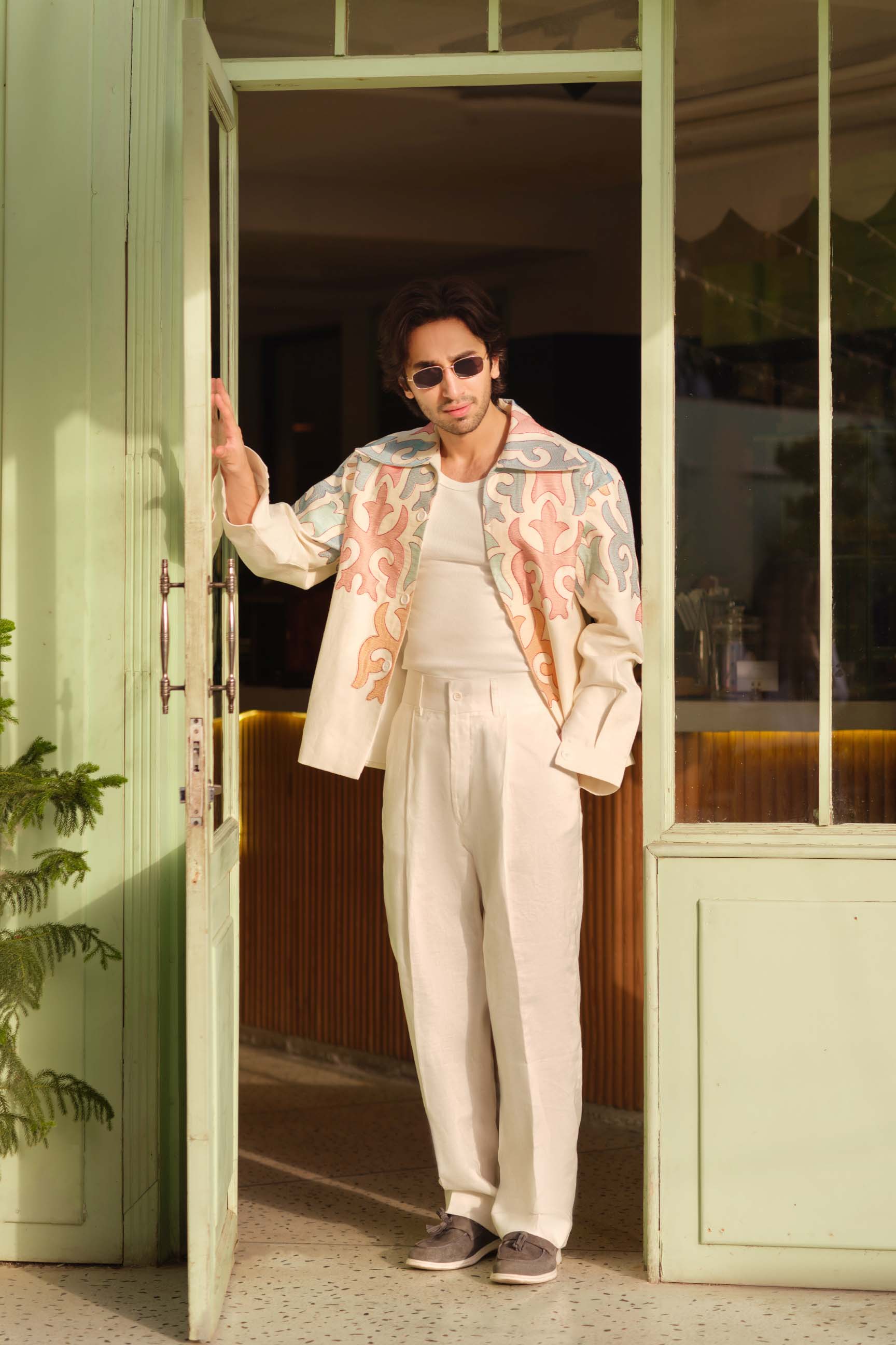 Off-White Embroidered Drop-Shoulder Jacket & High-Waist Pant Set