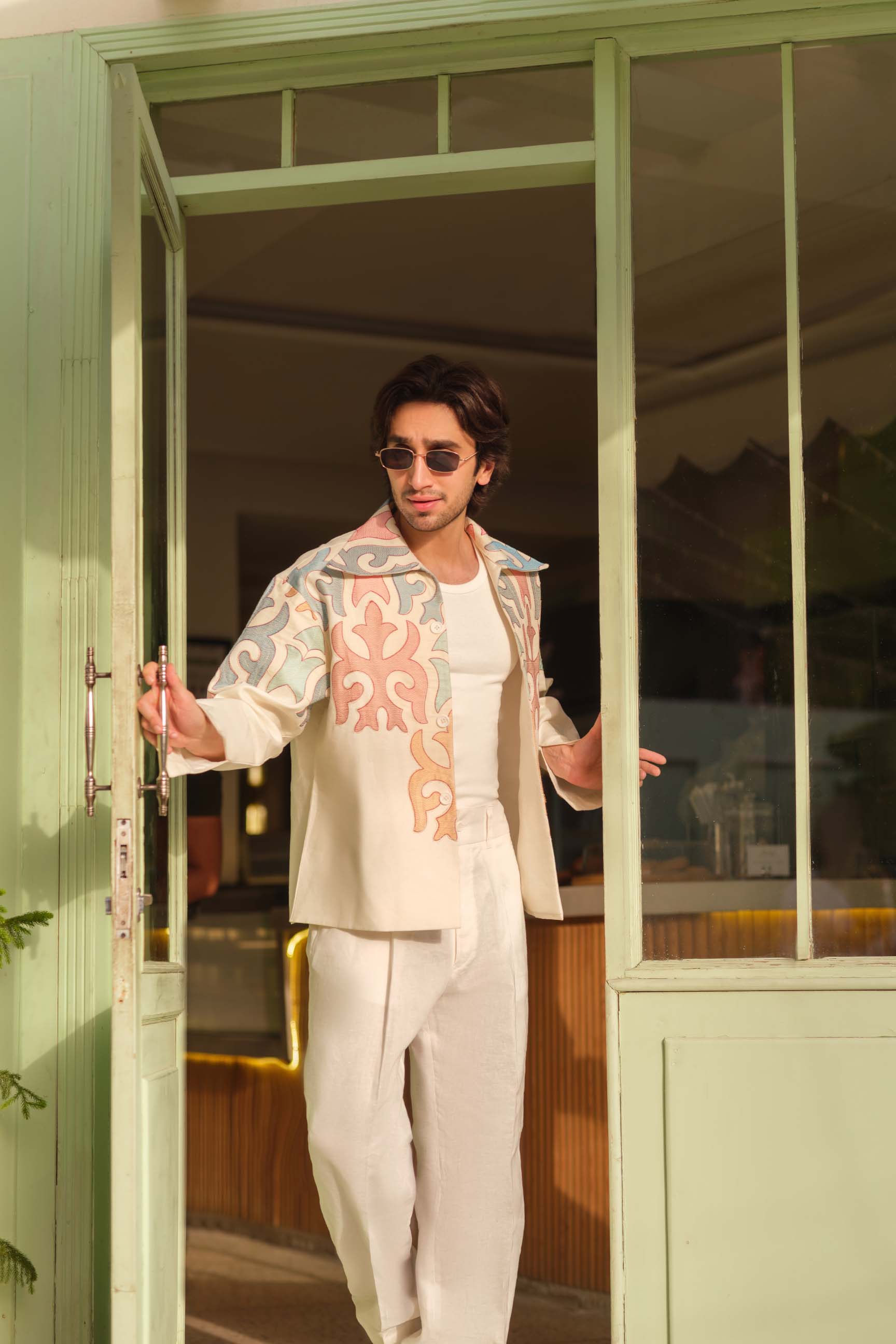 Off-White Embroidered Drop-Shoulder Jacket & High-Waist Pant Set