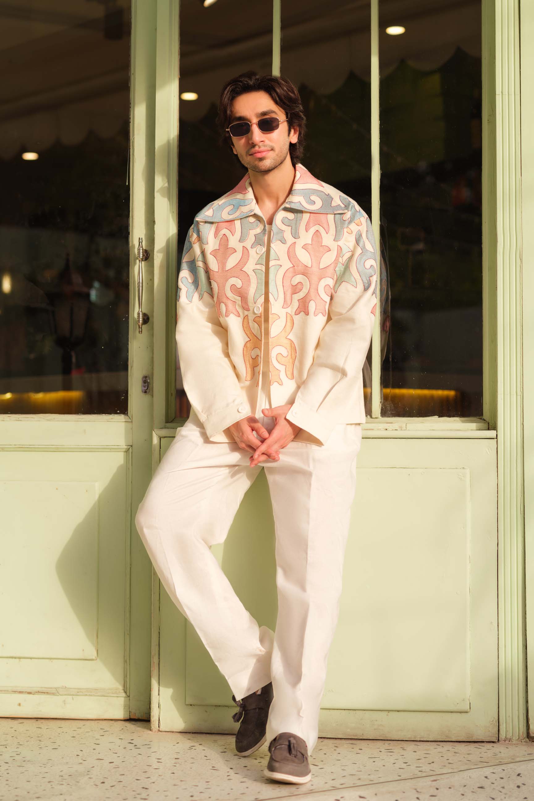 Off-White Embroidered Drop-Shoulder Jacket & High-Waist Pant Set