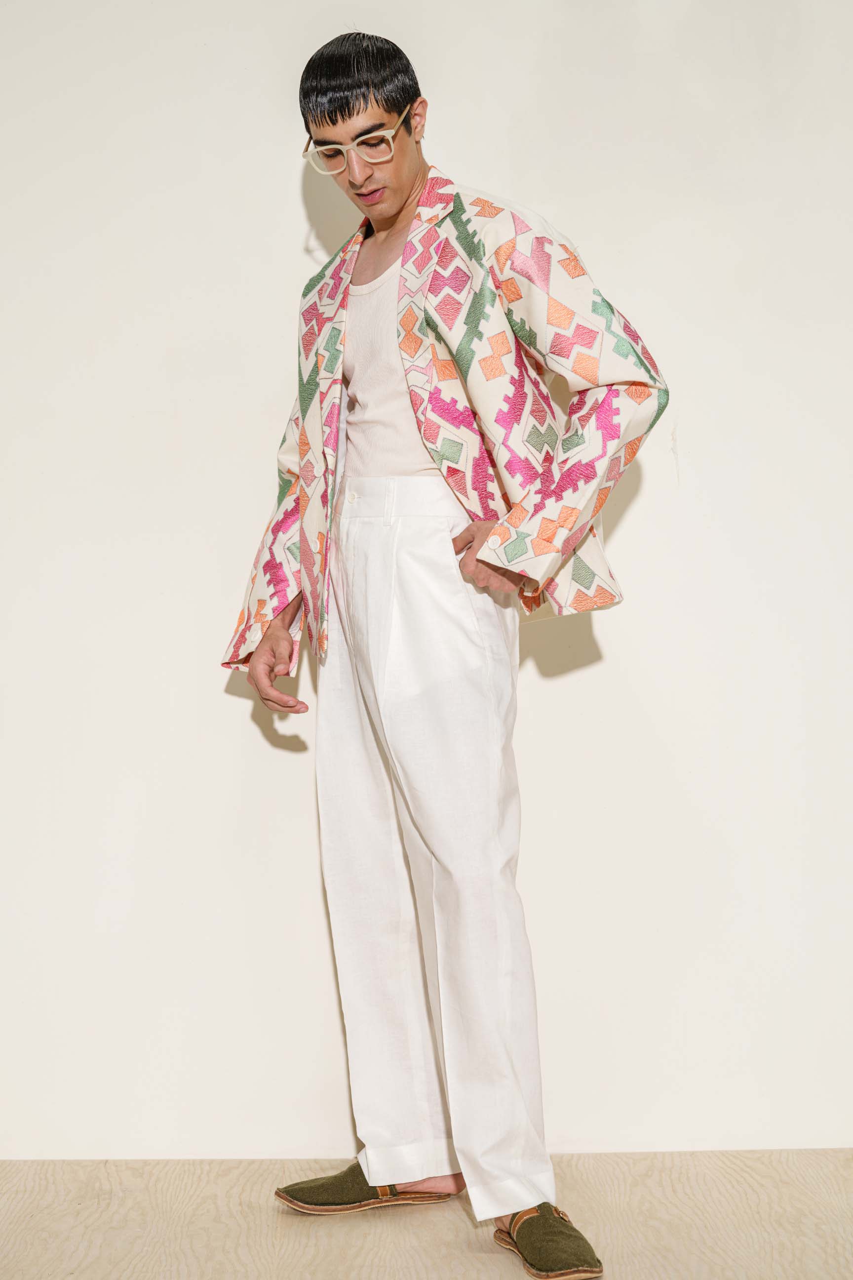 Multicolor Embroidered Oversized Double-Breasted Jacket with High-Waisted Wide-Leg Trousers