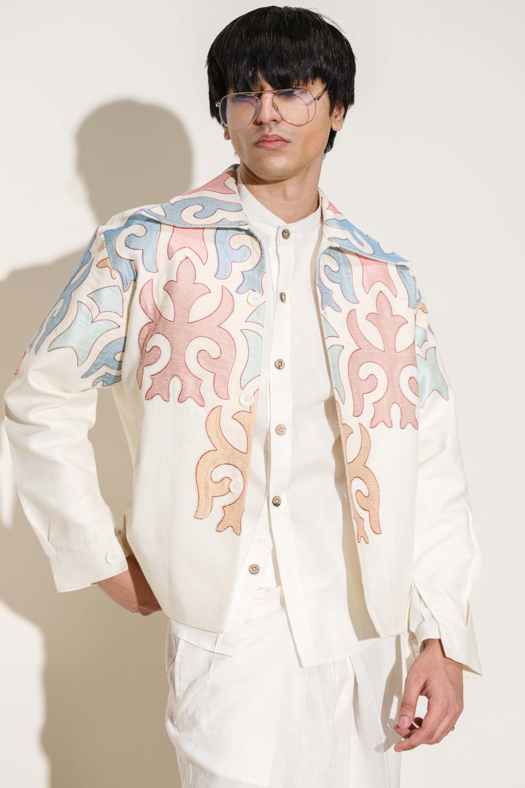 Ivory White Multicolor Embroidered Oversized Jacket with High-Waisted Wide-Leg Trousers