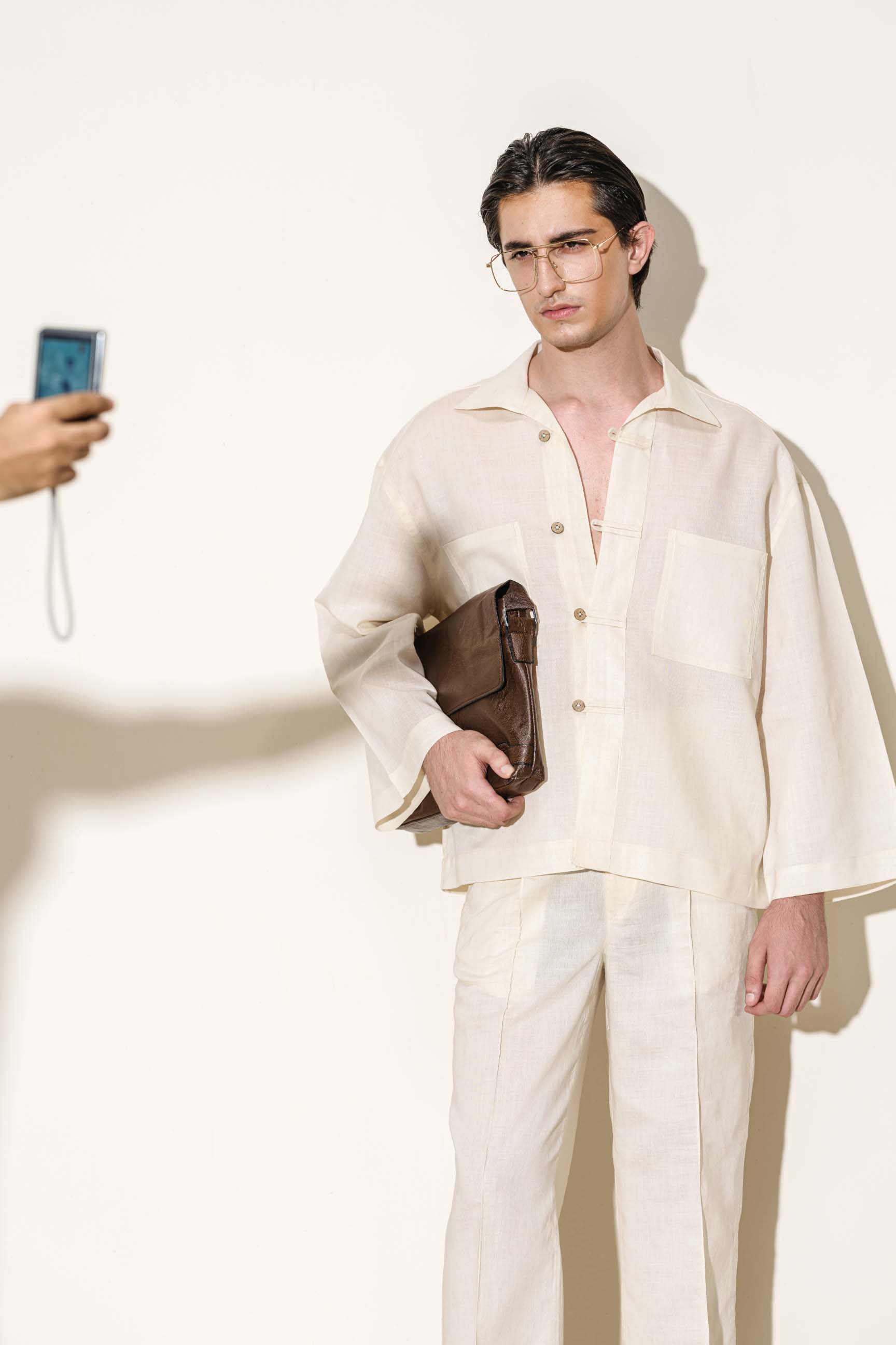 Natural Cream “Old Money” Shirt with Chinese Loop Buttons & Wide Trousers