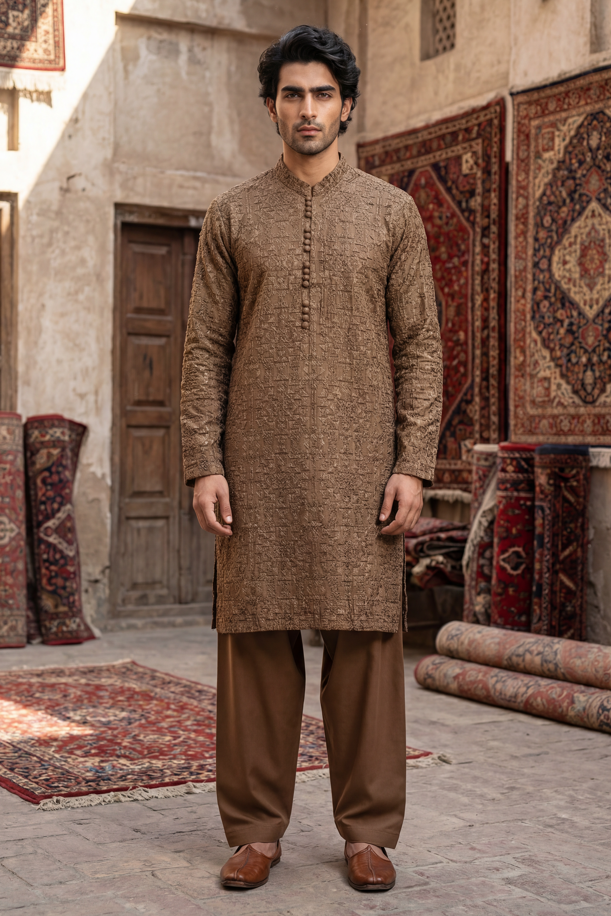 Dark Brown Embroidered Kurta & Trouser Set
