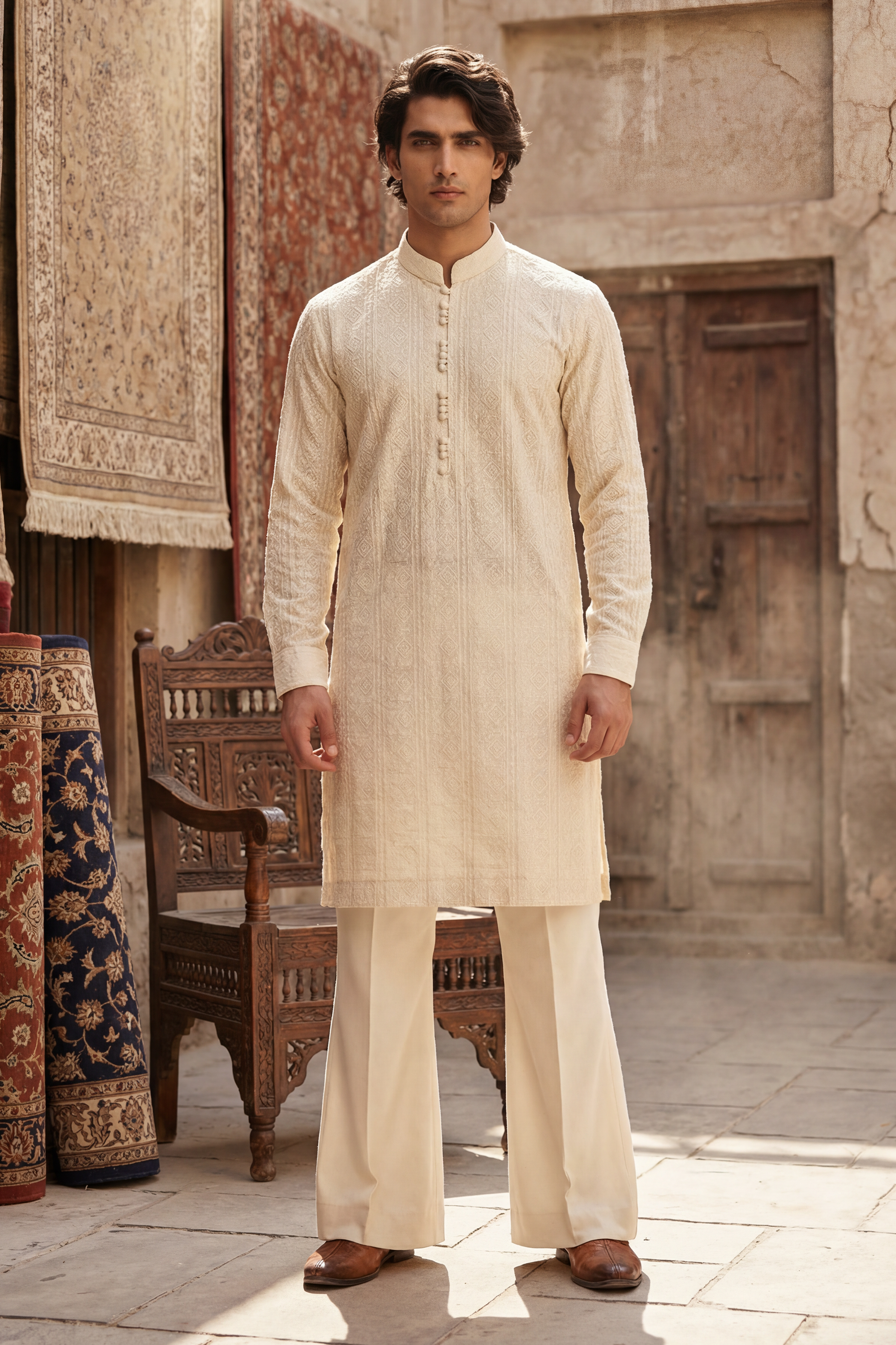 Classic Cream Beige Embroidered Kurta & Trouser Set