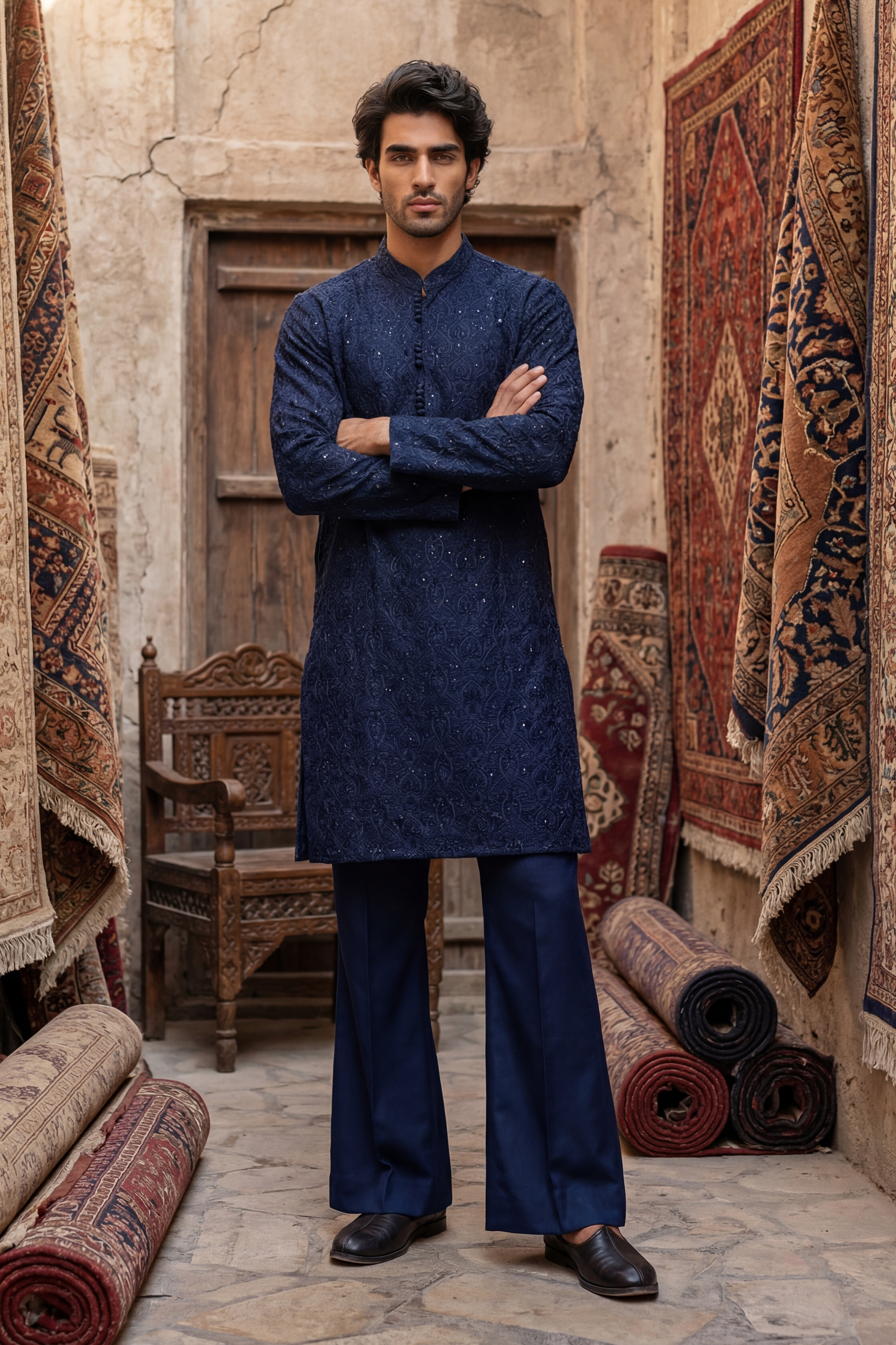 Dark Navy Blue & Light Beige Embroidered Kurta & Trouser Set
