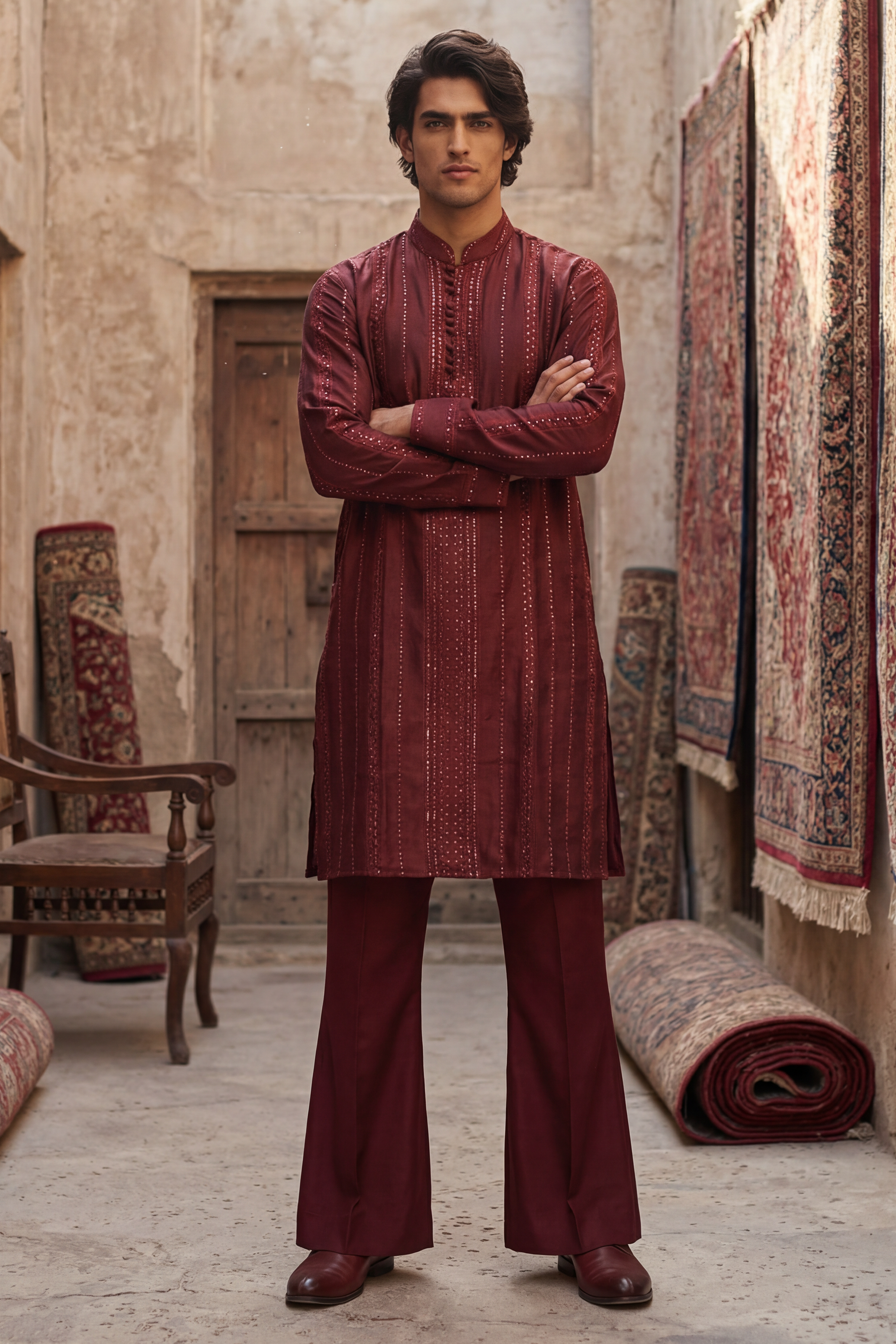 Reddish Maroon Embroidered Kurta & Trouser Set