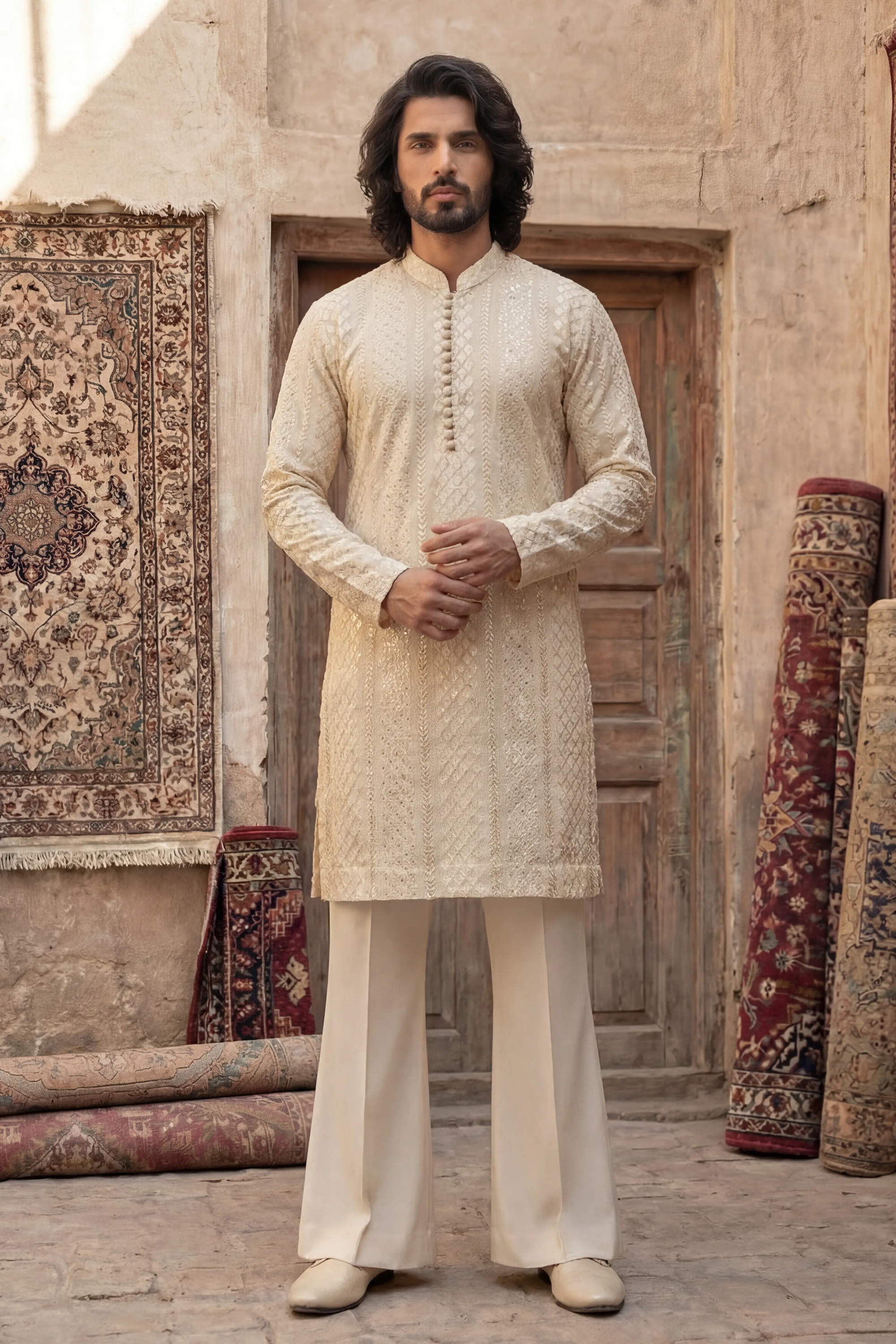 Light Cream Embroidered Kurta & Trouser Set