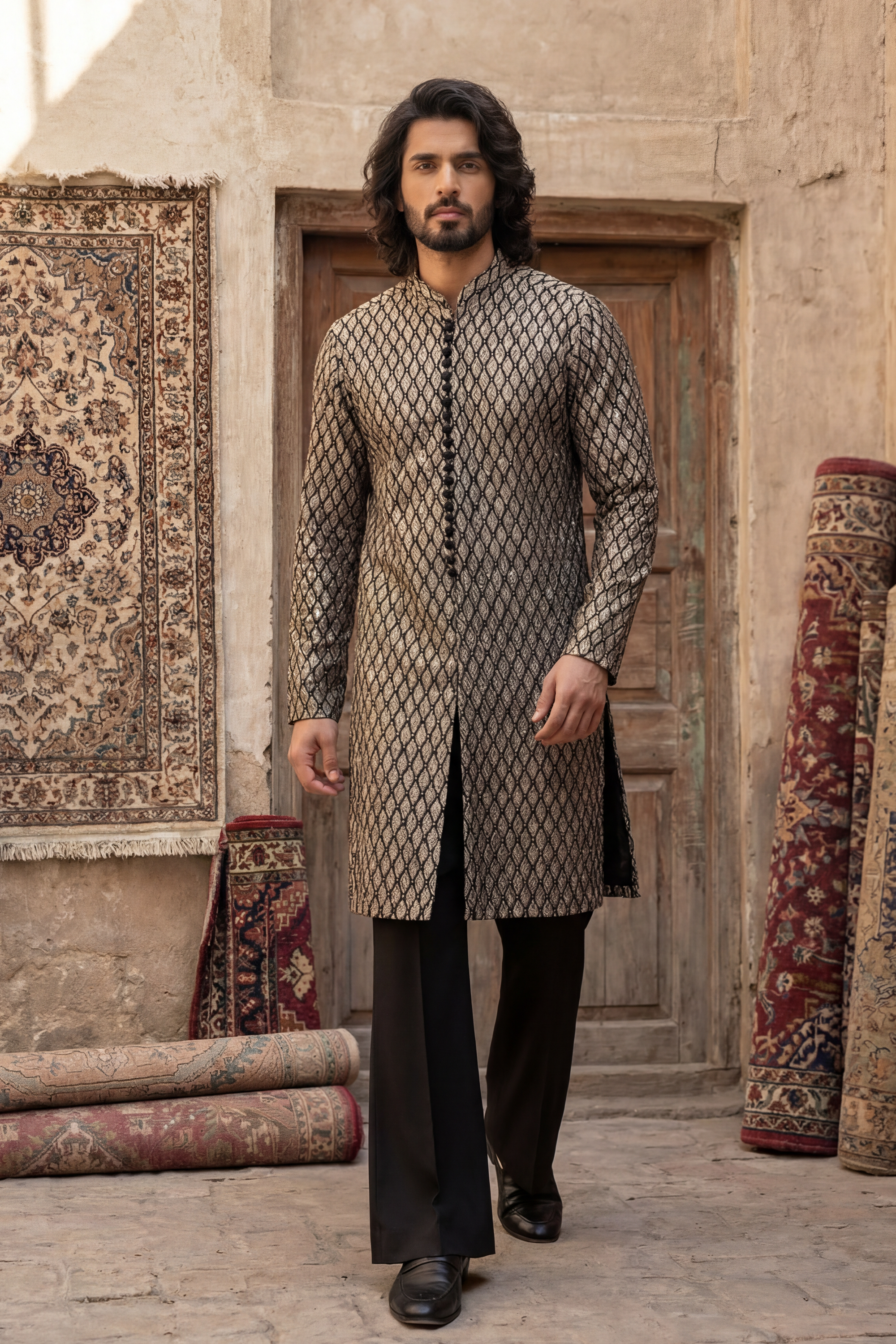 Gold & Black Embroidered Kurta & Trouser Set