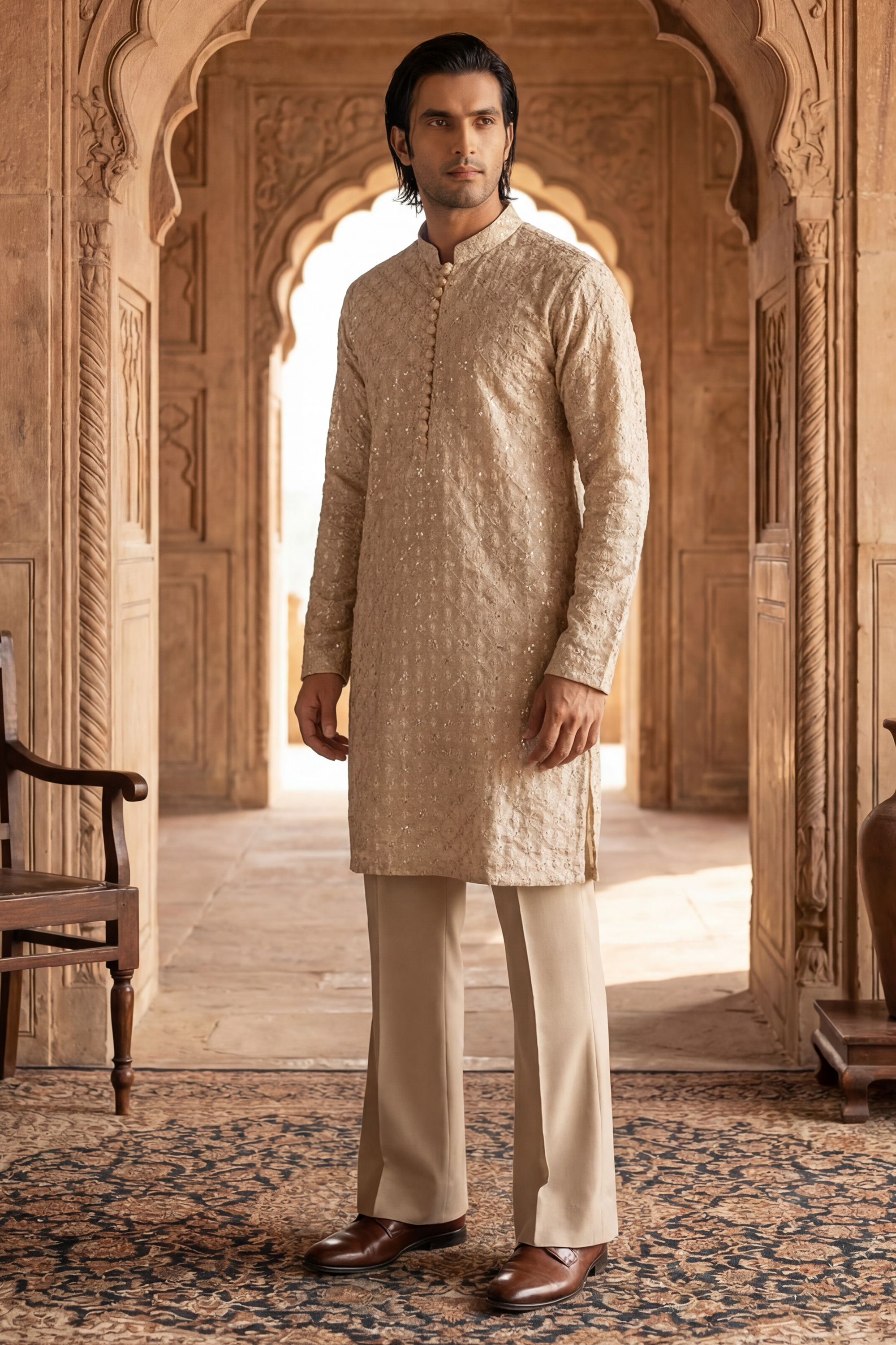 Light Golden Beige Sequin Embroidered Kurta Trouser Set