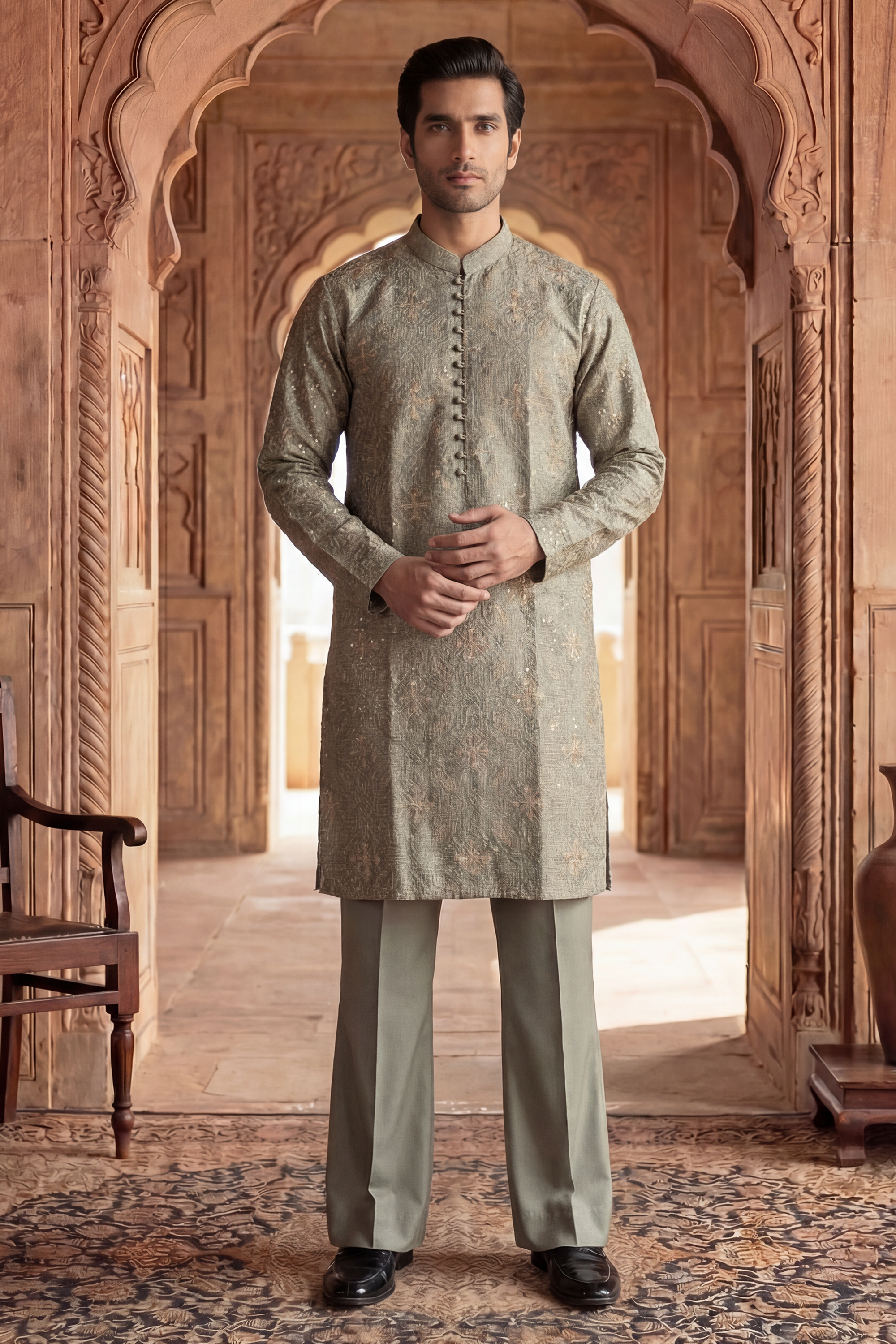 Light Olive Green Sequin Embroidered Kurta Trouser Set