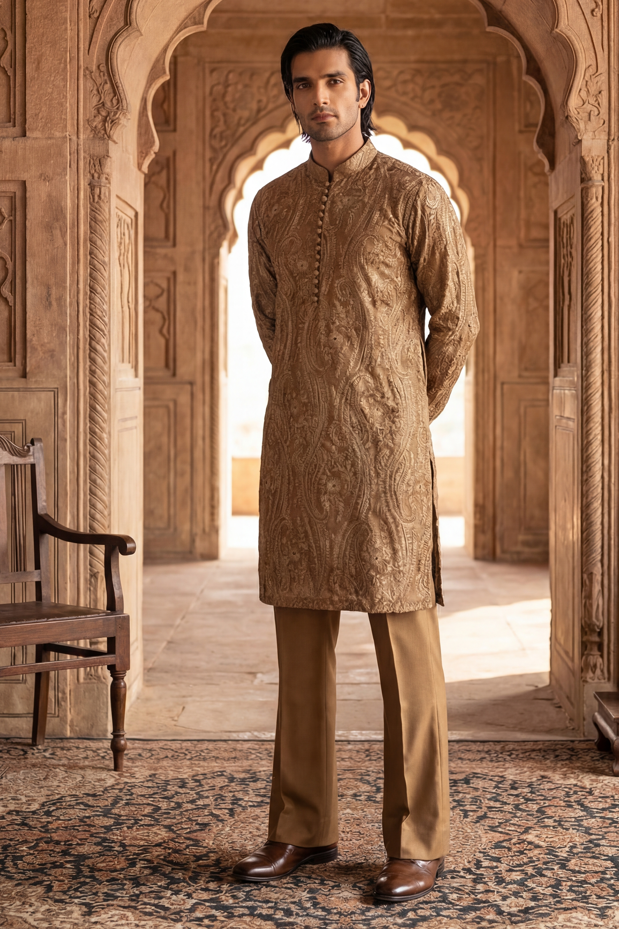 Golden Brown Floral Brocade Embroidered Kurta Trouser Set