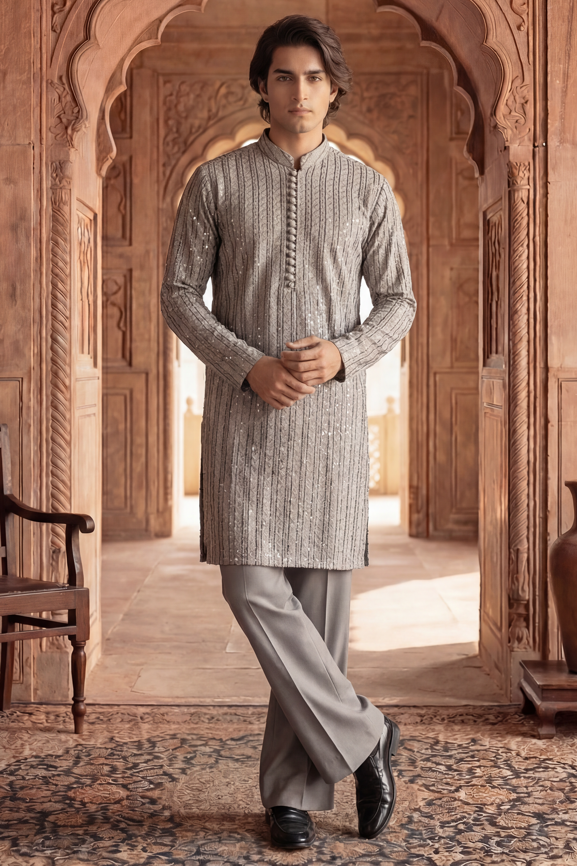 Light Warm Grey Sequin Embroidered Kurta Trouser Set