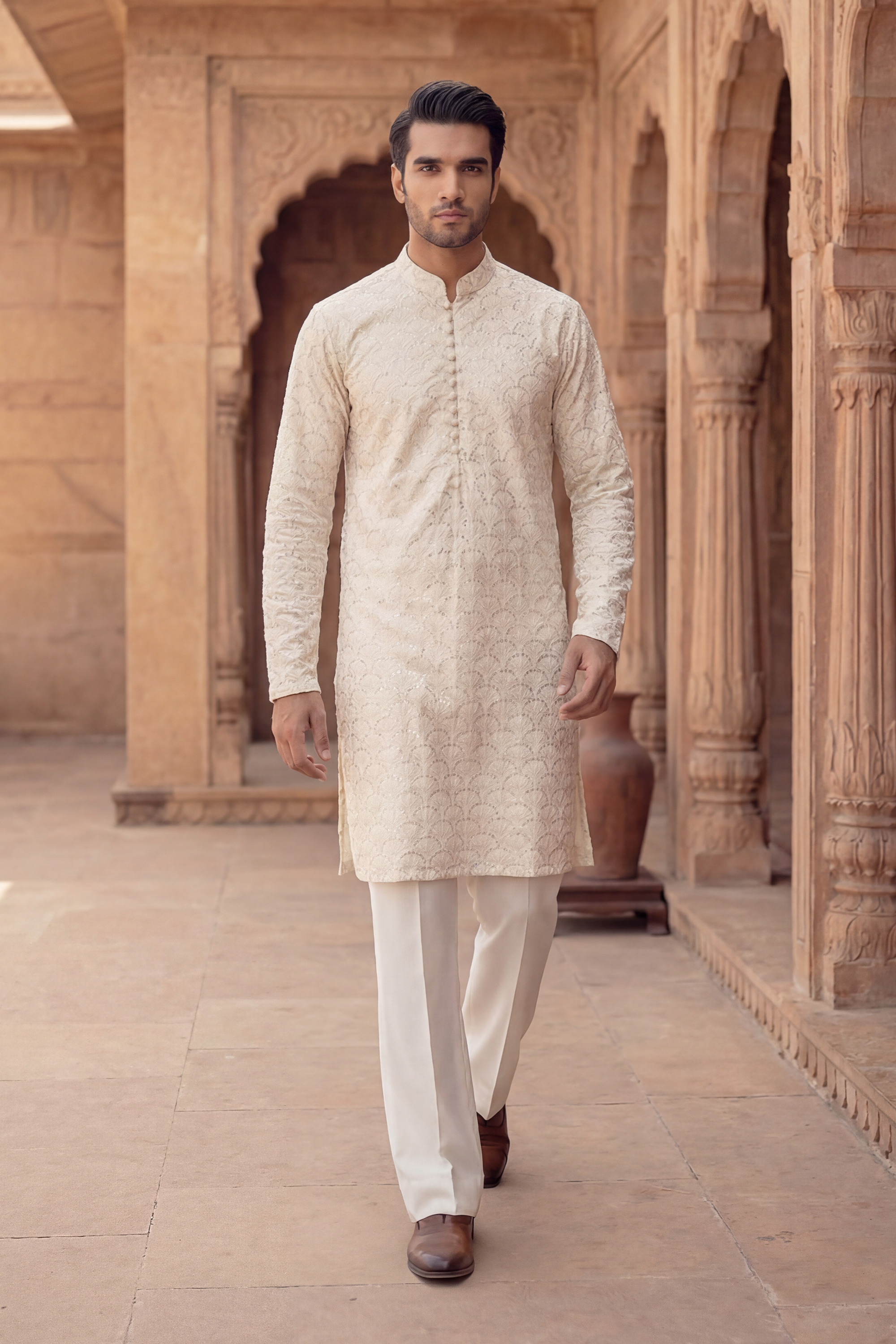 Creamy White Sequin Embroidered Kurta Trouser Set