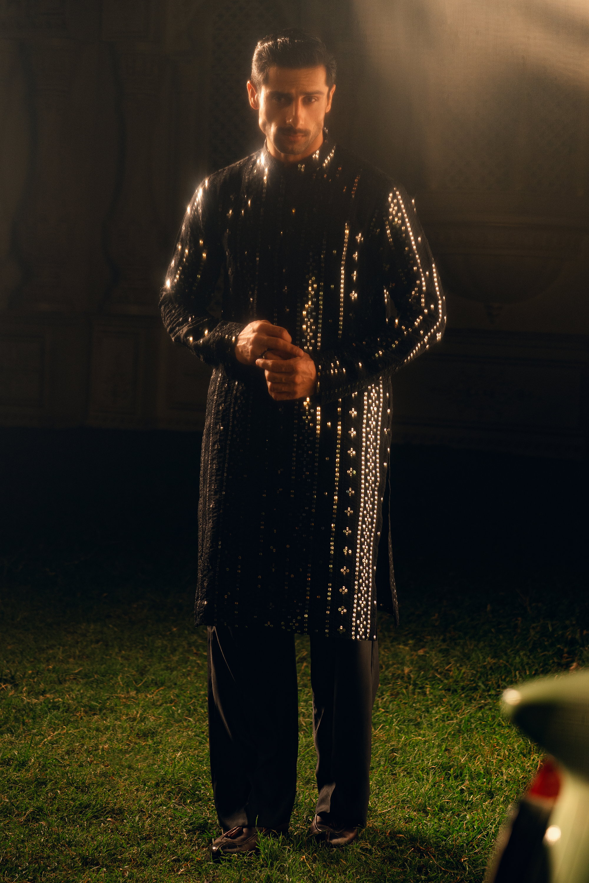 Black Tropical Silk Embroidered Kurta Farshi Shalwar Set