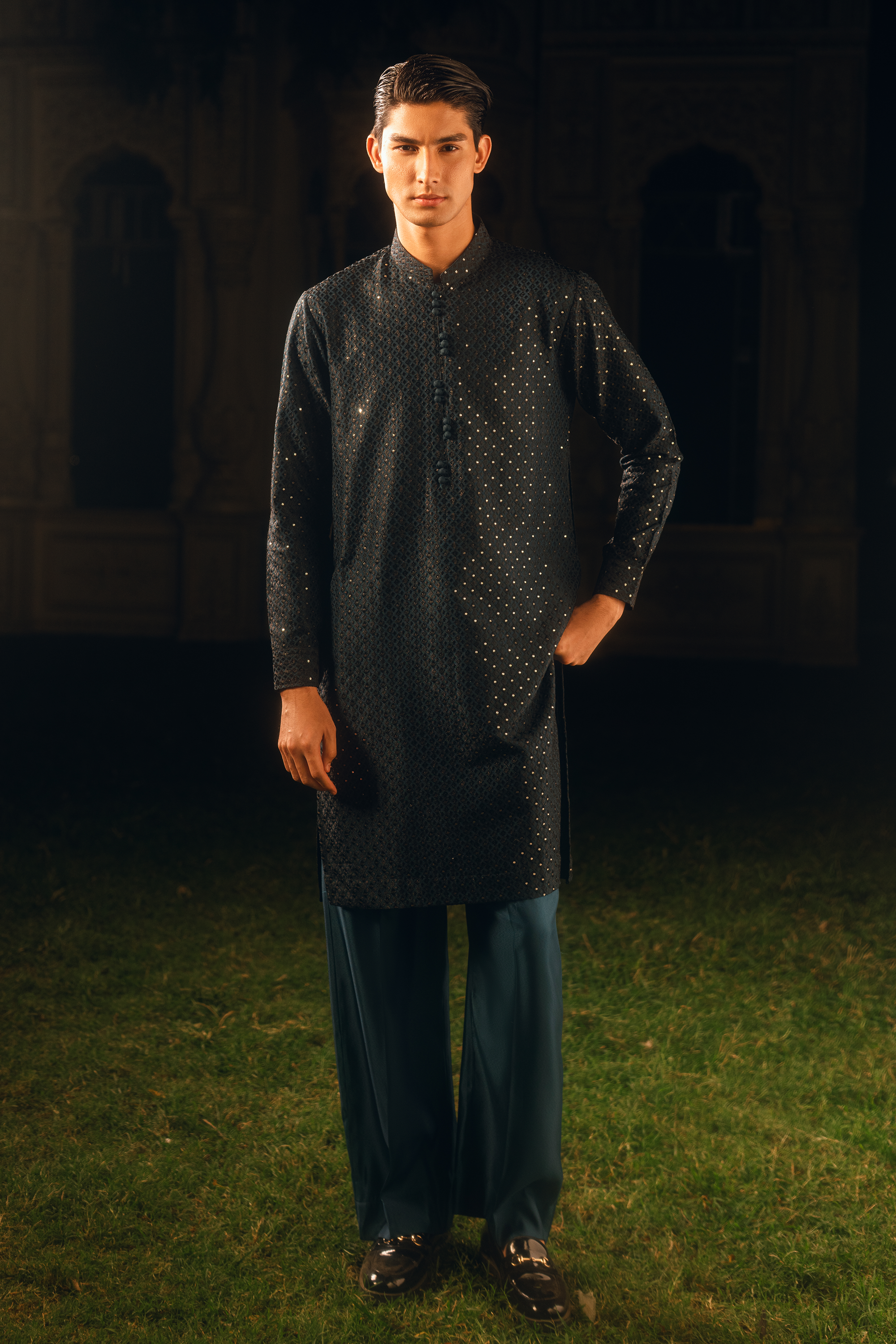 Forest Green Tropical Silk Embroidered Kurta Pajama Set